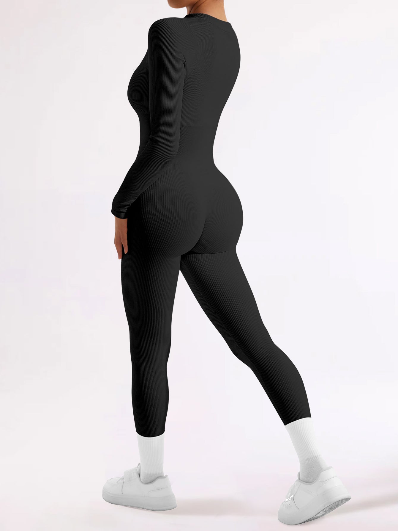 Long Sleeve Ribbed Jumpsuit Zip up Front Jumpsuit