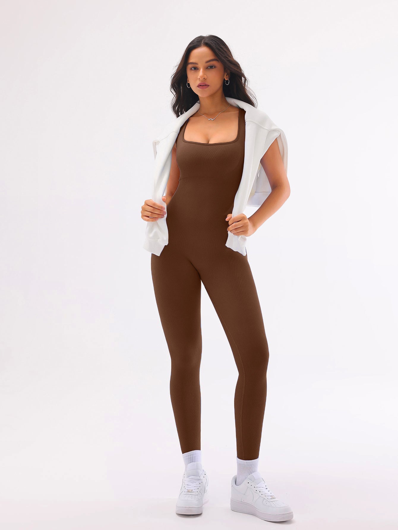 V-Back Scrunch Rib-Knit Sleeveless Seamless Jumpsuit