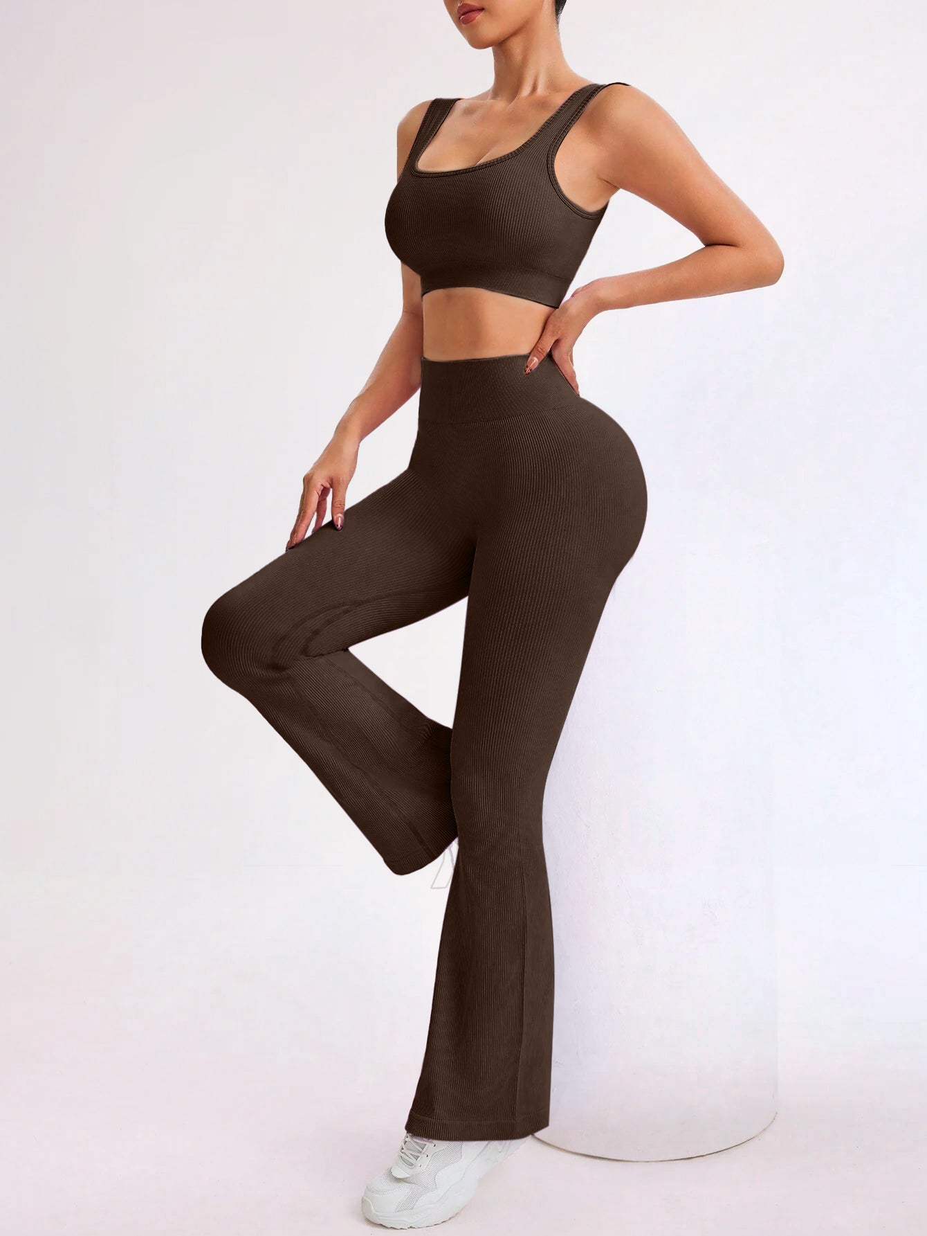 Square Neck Ribbed Long Sleeve Top & Flare Pants Set