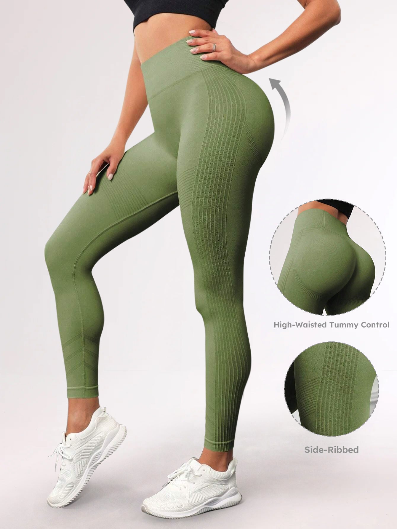 High Waist Tummy Control Side-Ribbed Butt-Lifting Leggings