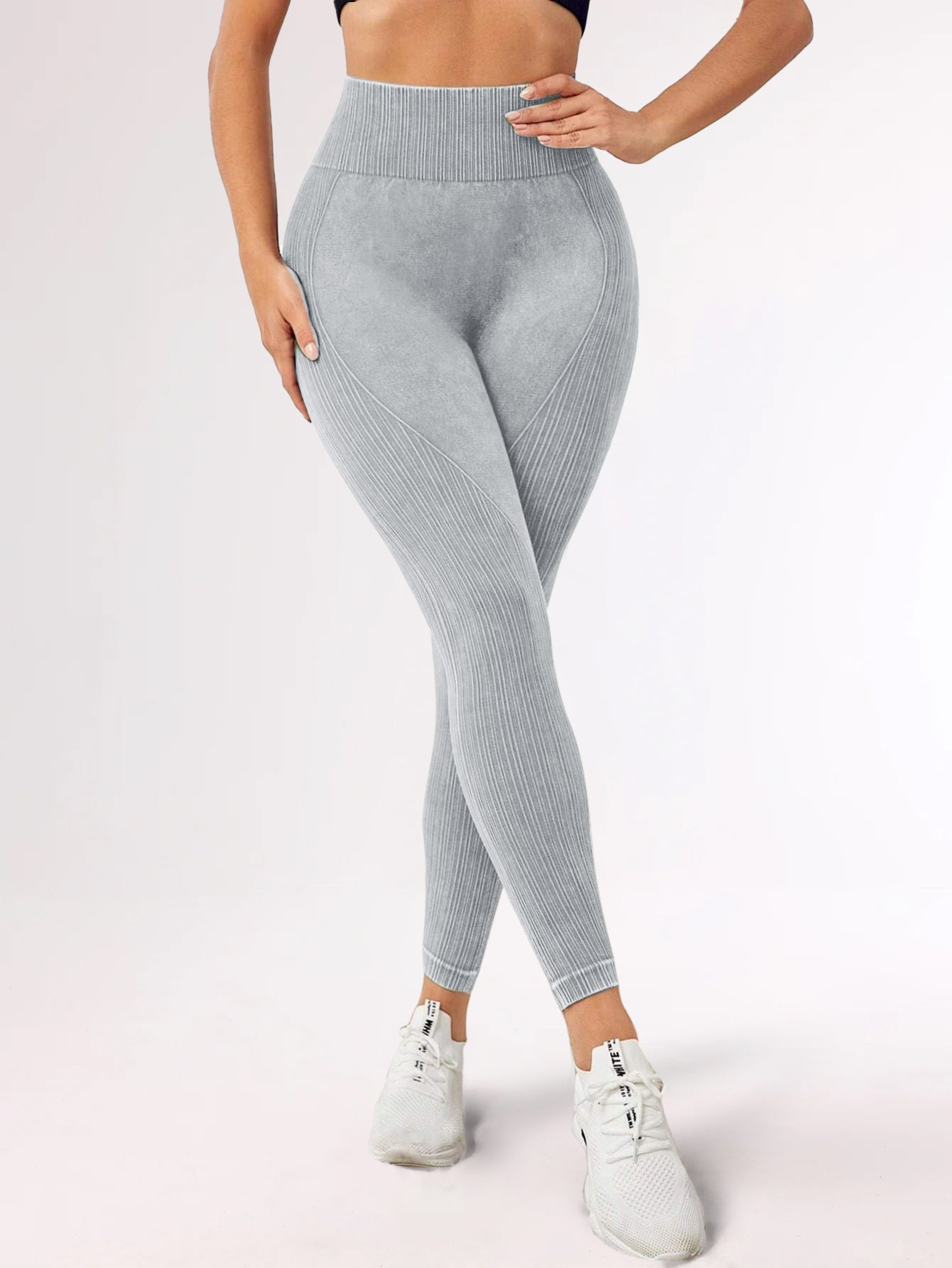 High Waist Acid Wash Butt-Lifting Rib-Knit Leggings