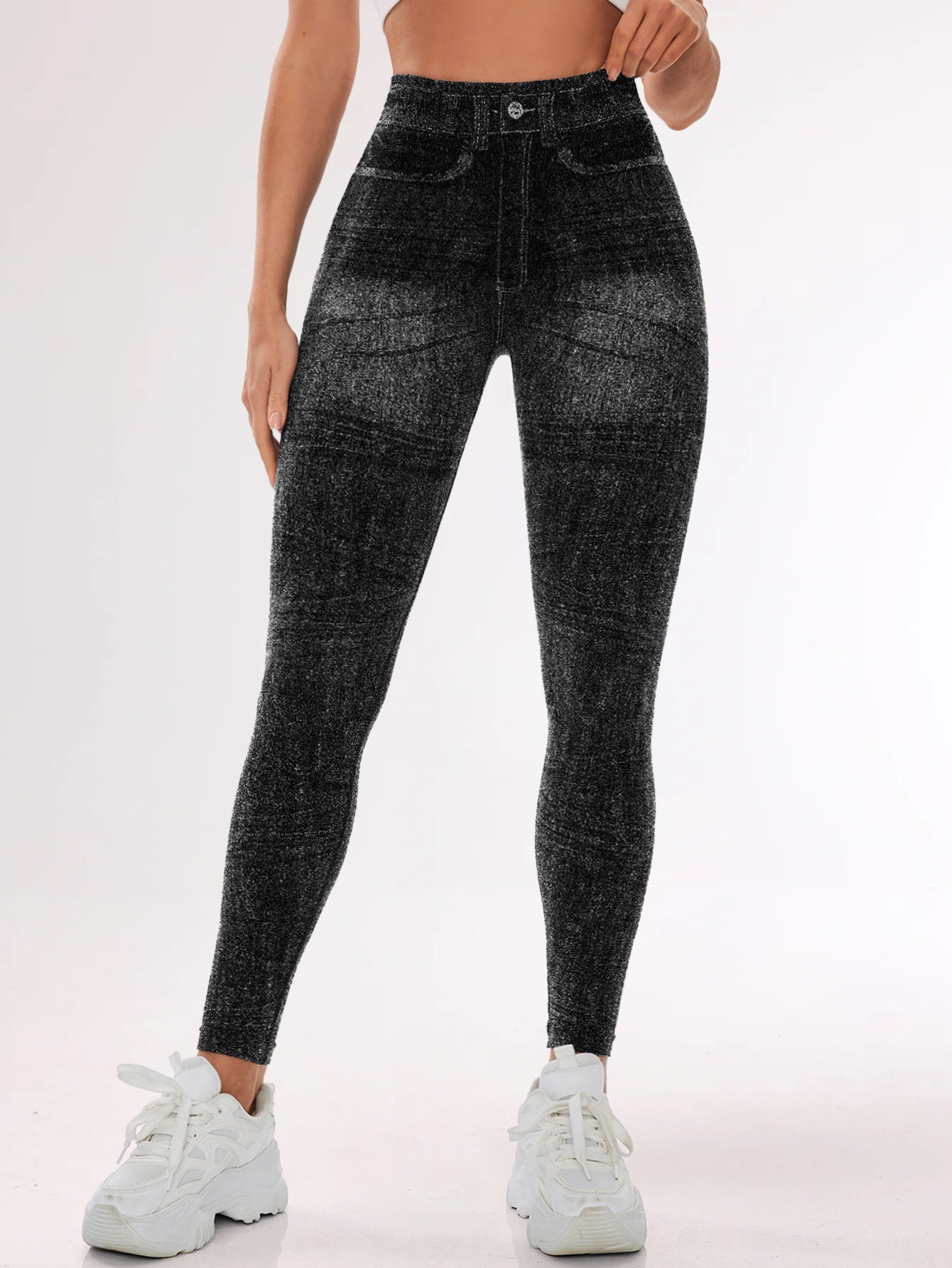 Denim Look High Waist Printed Pocket Leggings