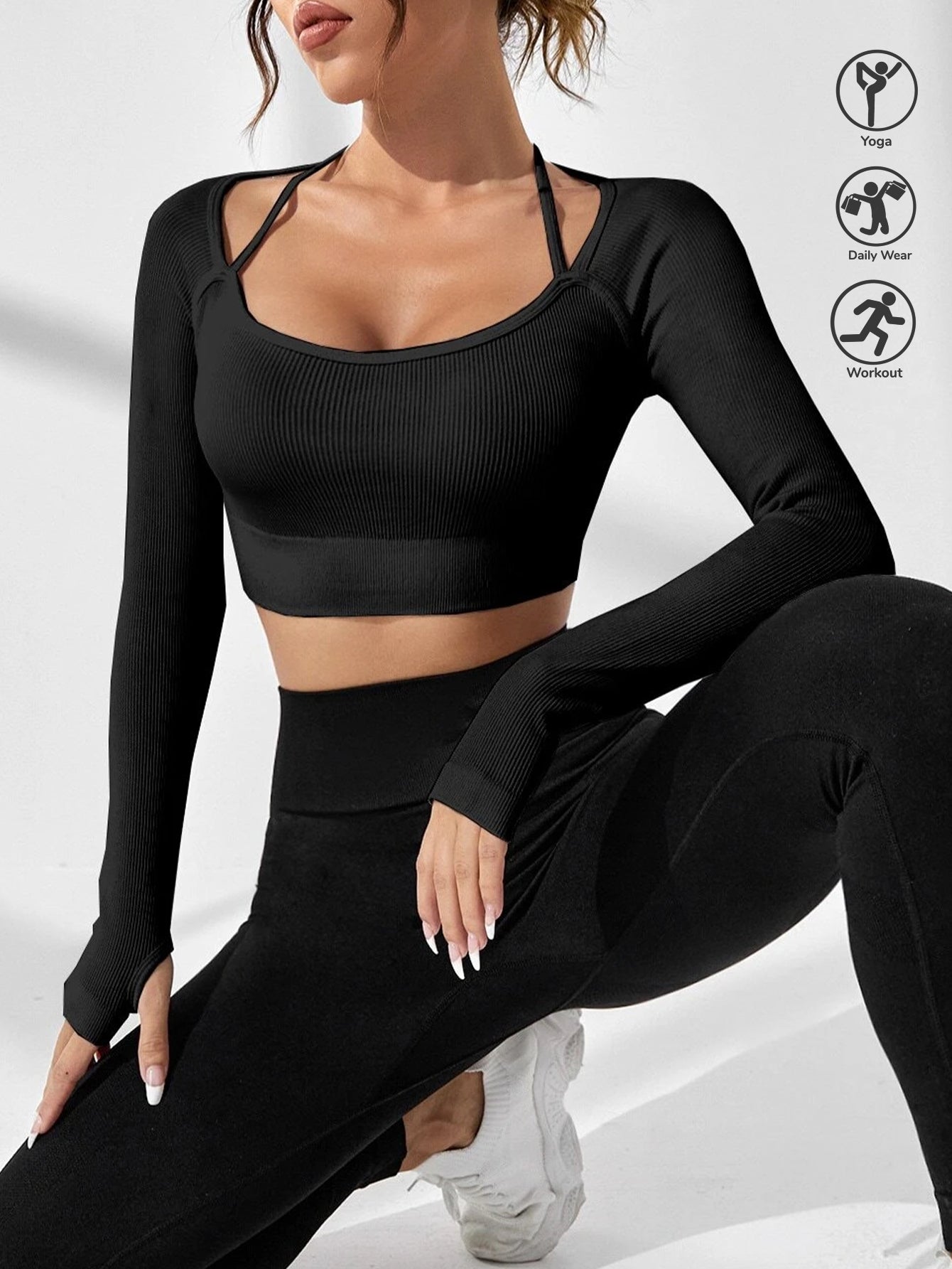 Rib-Knit Thumb Hole Long-Sleeve Crop Top