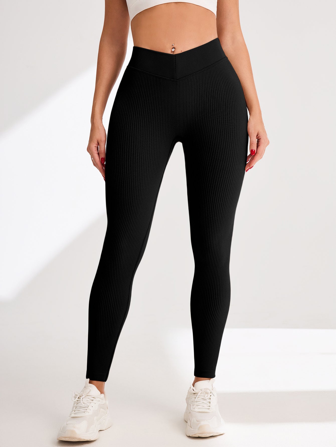 V-Cross Waist Rib-Knit Seamless Leggings