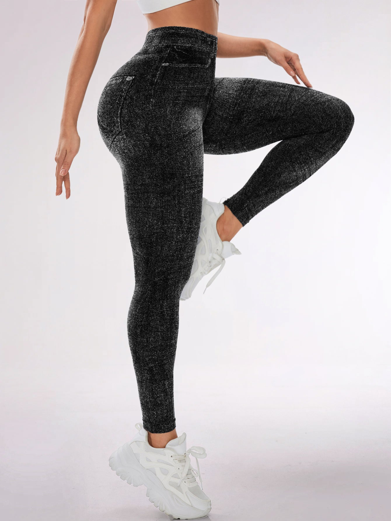 Denim Look High Waist Printed Pocket Leggings