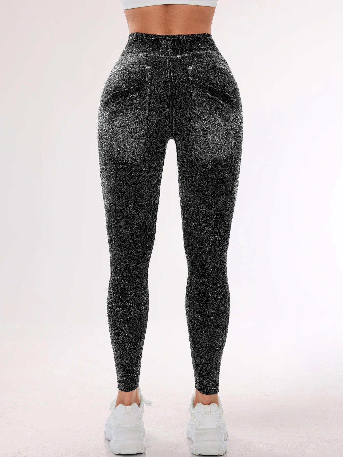 Denim Look High Waist Printed Pocket Leggings