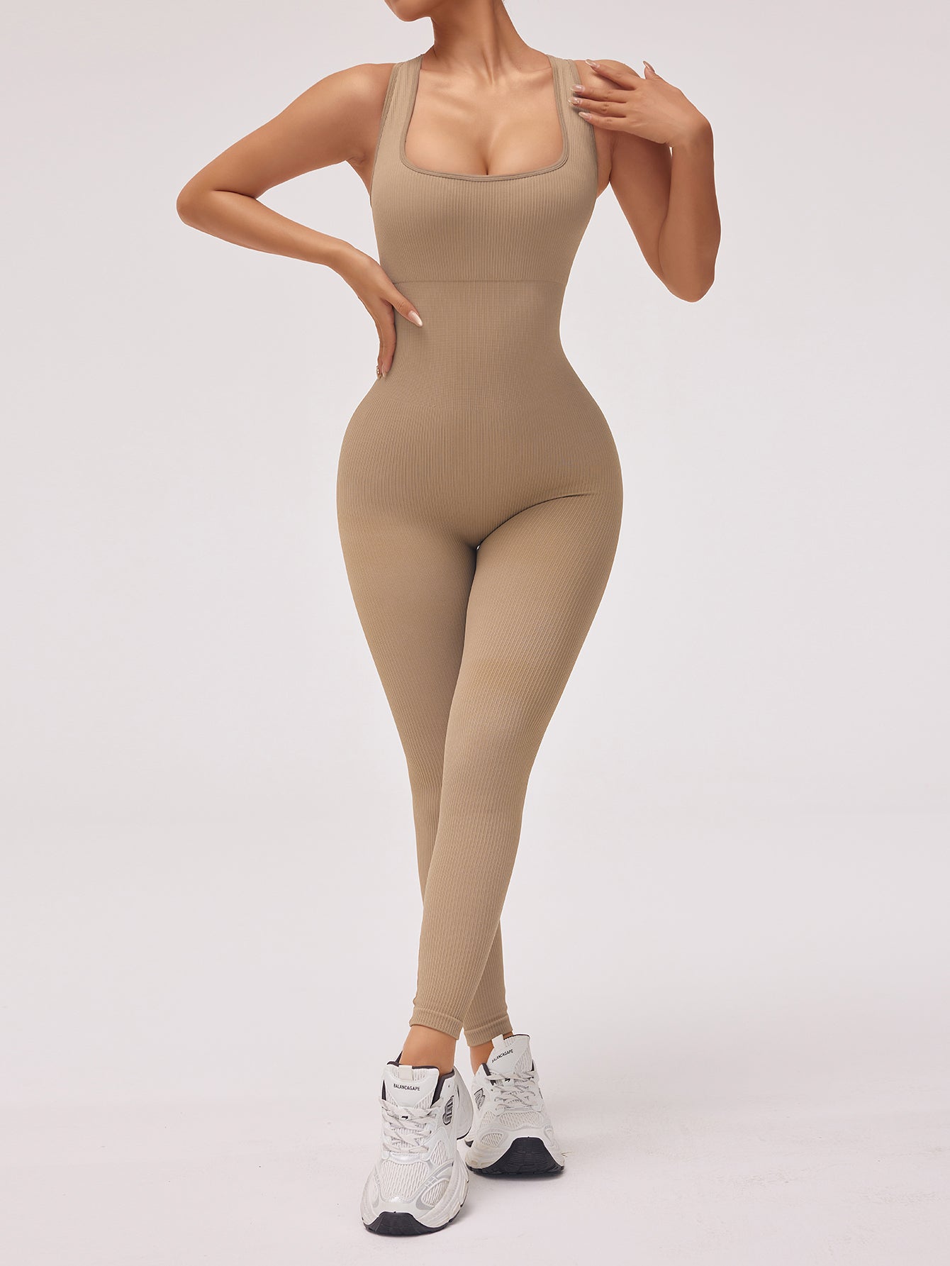 V-Back Scrunch Rib-Knit Sleeveless Seamless Jumpsuit