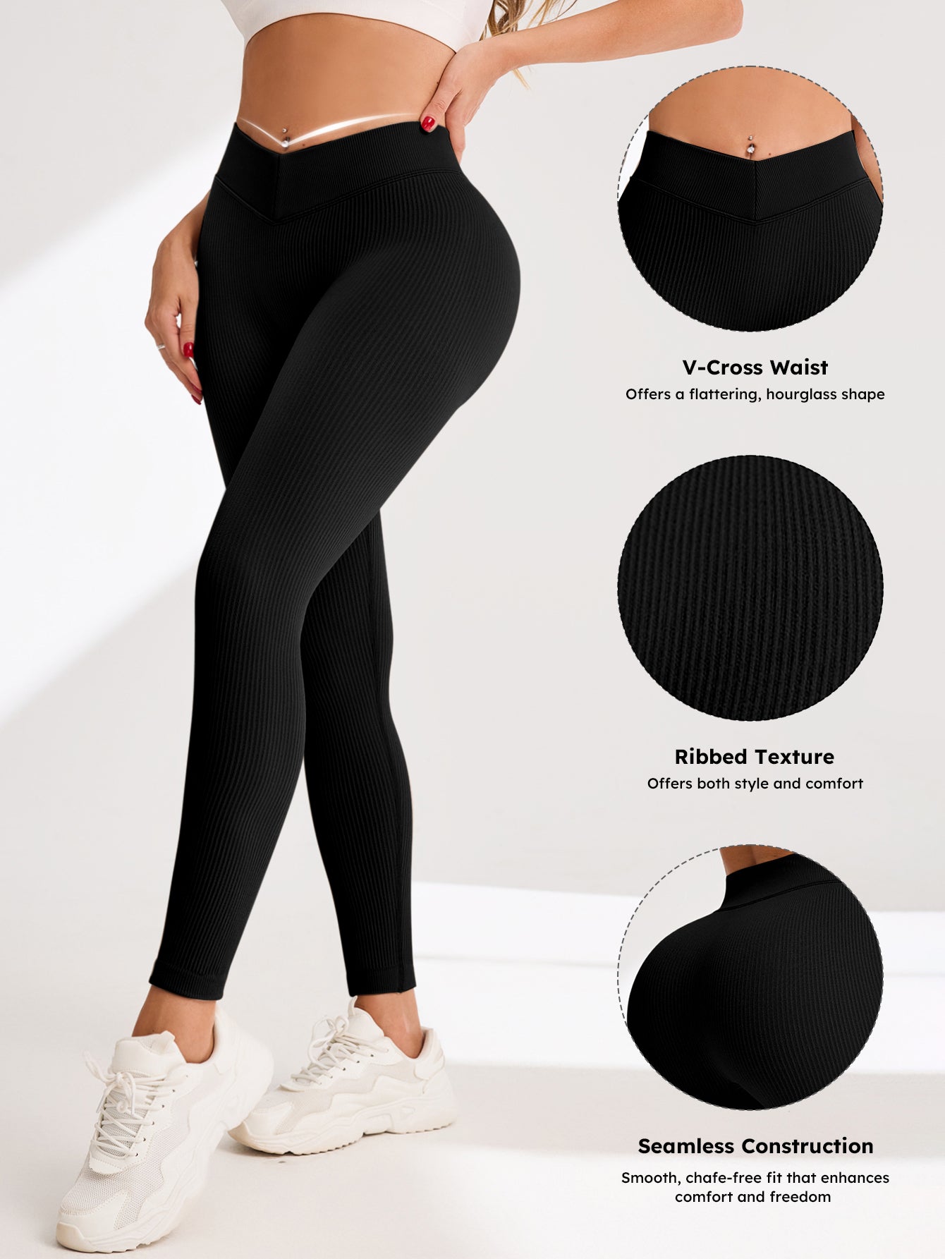 V-Cross Waist Rib-Knit Seamless Leggings