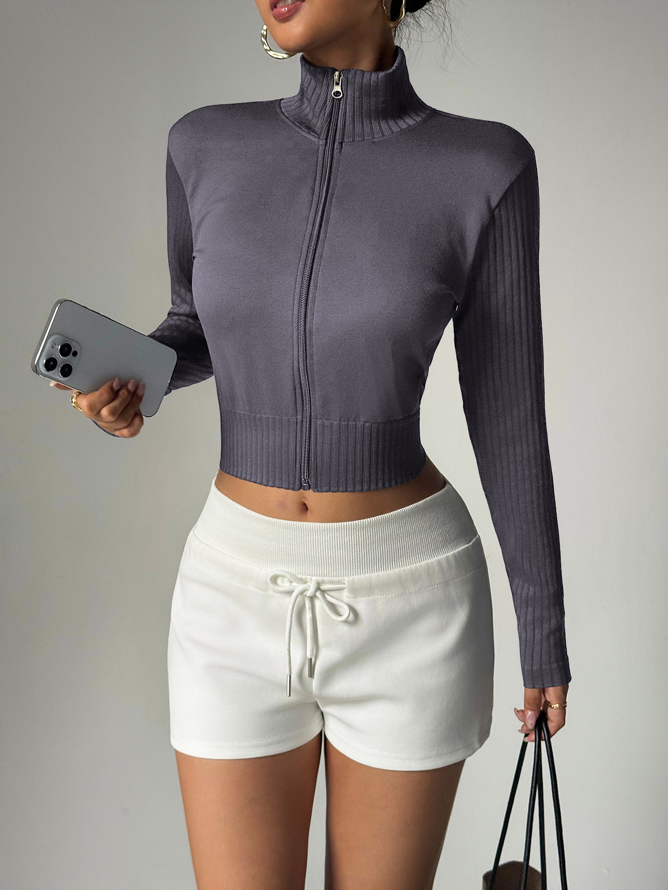 Women’s High Neck Rib-Knit Zip-Up Cropped Sports Jacket