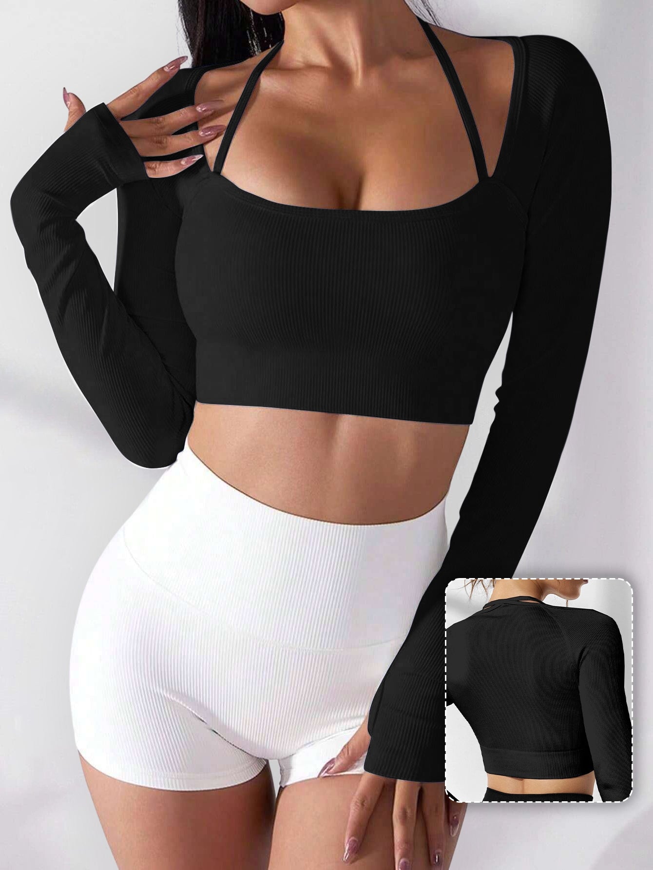 Rib-Knit Thumb Hole Long-Sleeve Crop Top