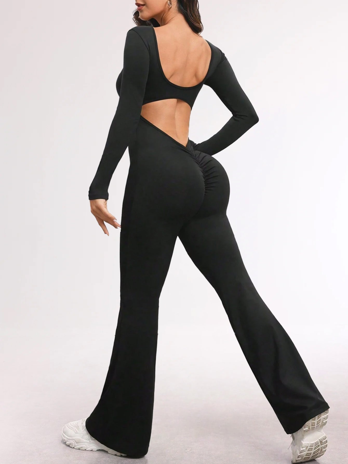 U-Neck Open-Back Scrunch Butt Flared Jumpsuit