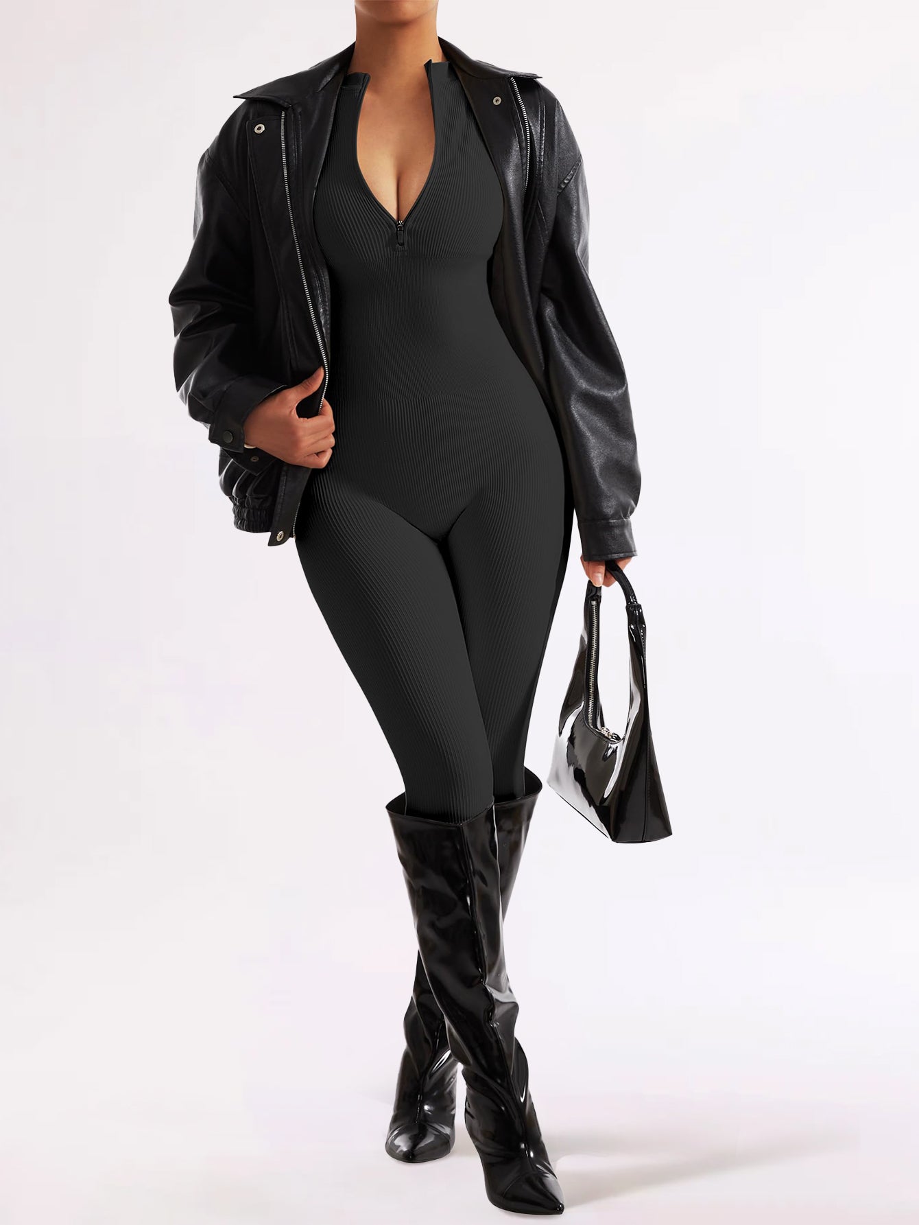 Long Sleeve Ribbed Jumpsuit Zip up Front Jumpsuit