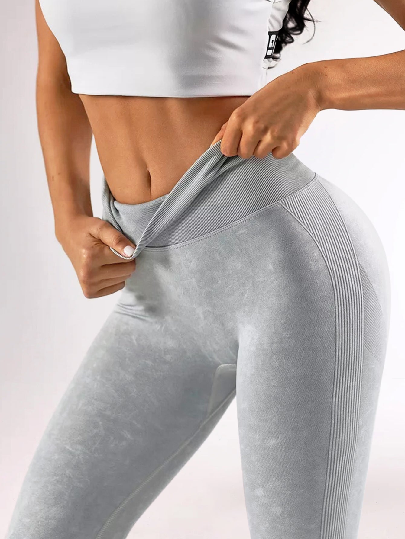 Acid Wash Tummy Control Side-Ribbed Butt-Lifting Leggings