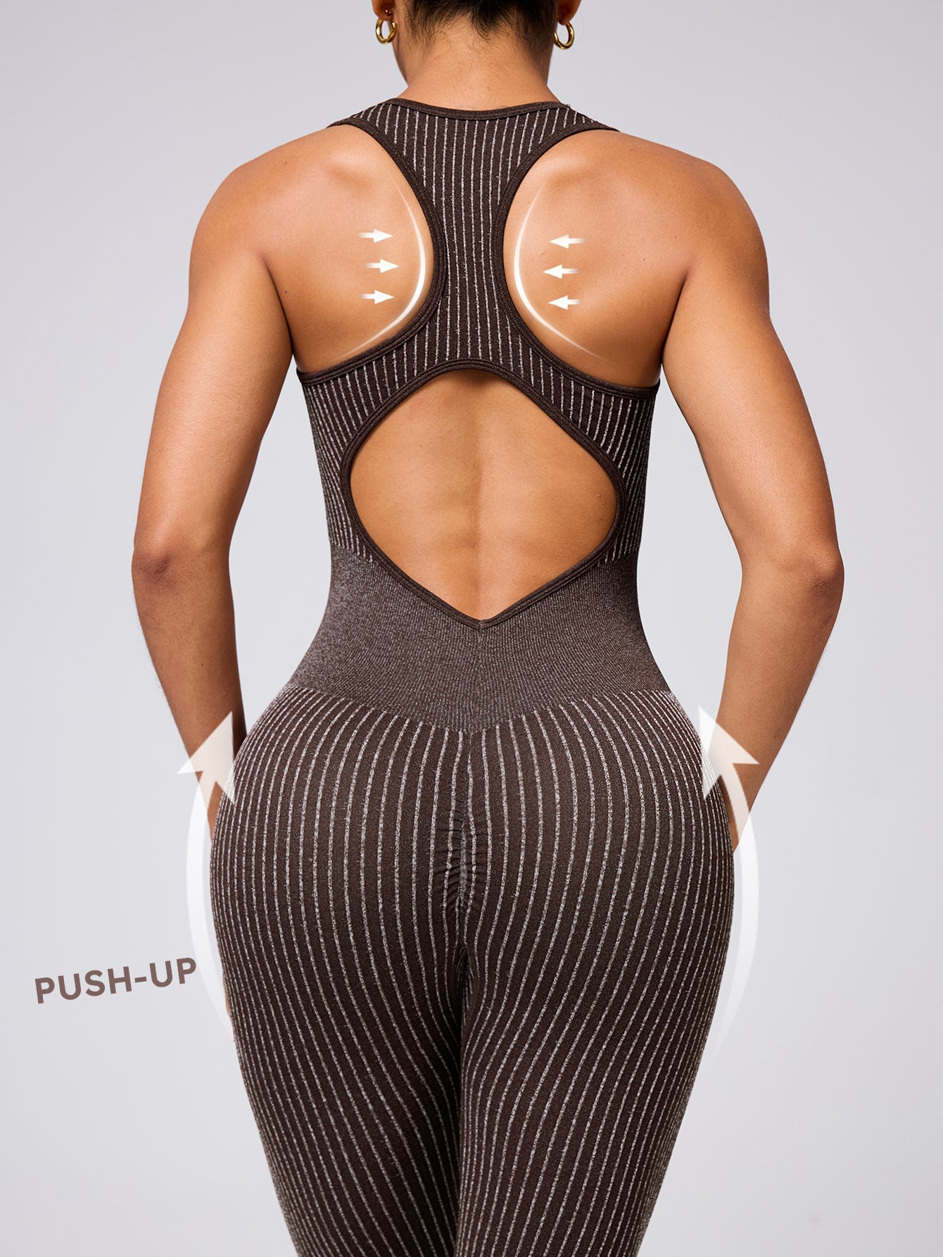 Scoop Neck Striped V-Back Tummy Control Jumpsuit