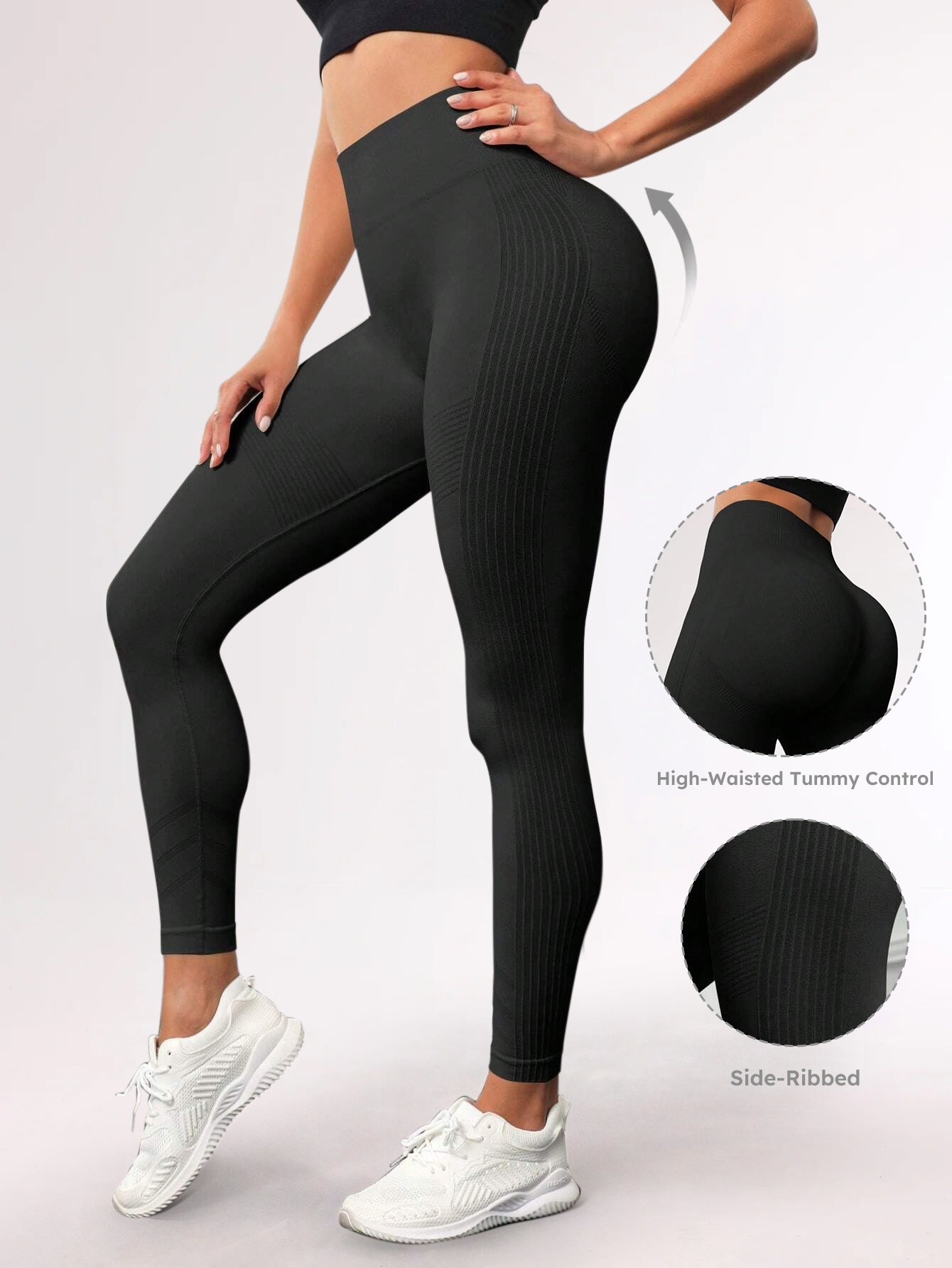 High Waist Tummy Control Side-Ribbed Butt-Lifting Leggings