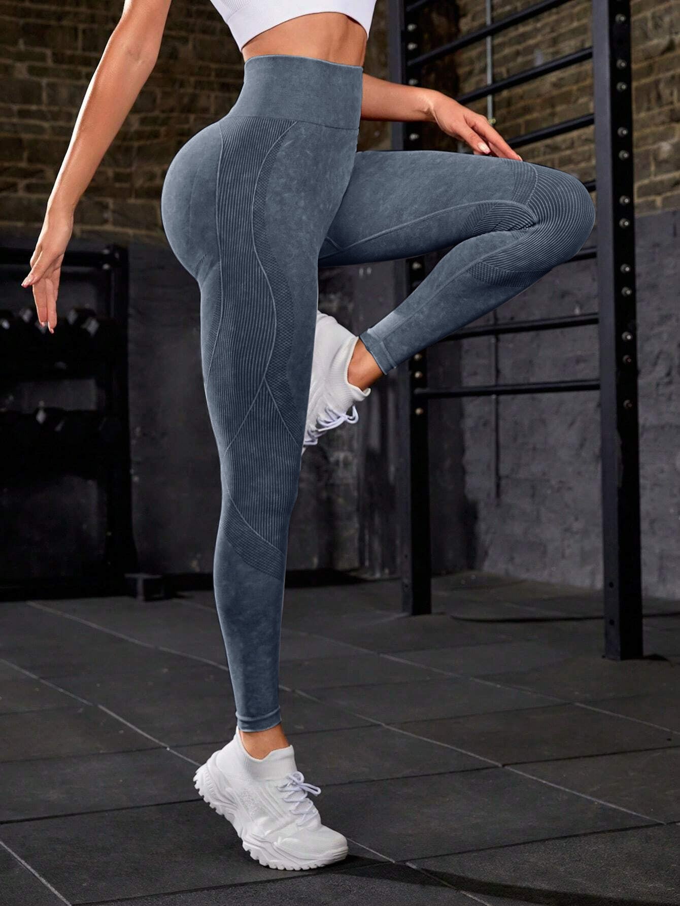 High Waist Acid Washed Smile Line Contour Leggings