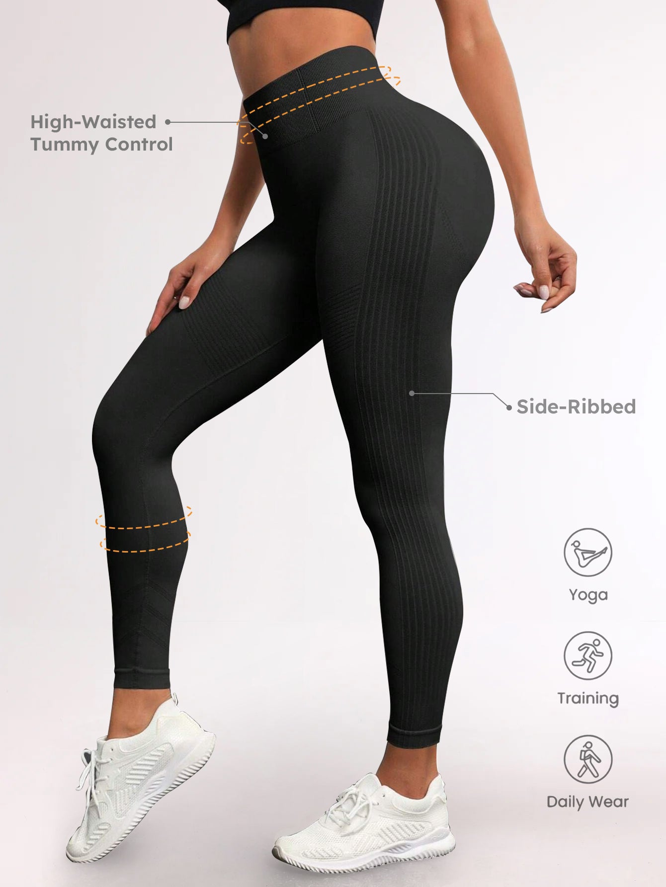 High Waist Tummy Control Side-Ribbed Butt-Lifting Leggings