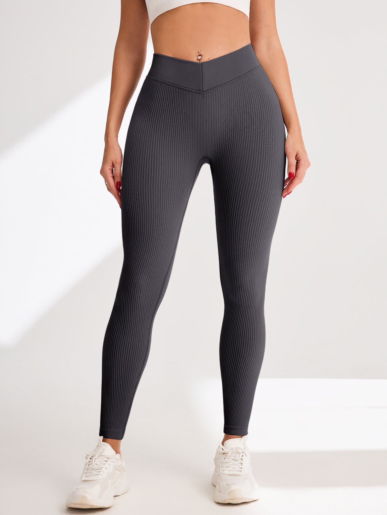 V-Cross Waist Rib-Knit Seamless Leggings