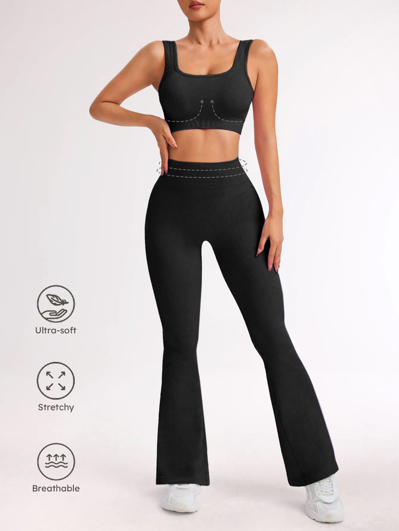 Square Neck Ribbed Long Sleeve Top & Flare Pants Set