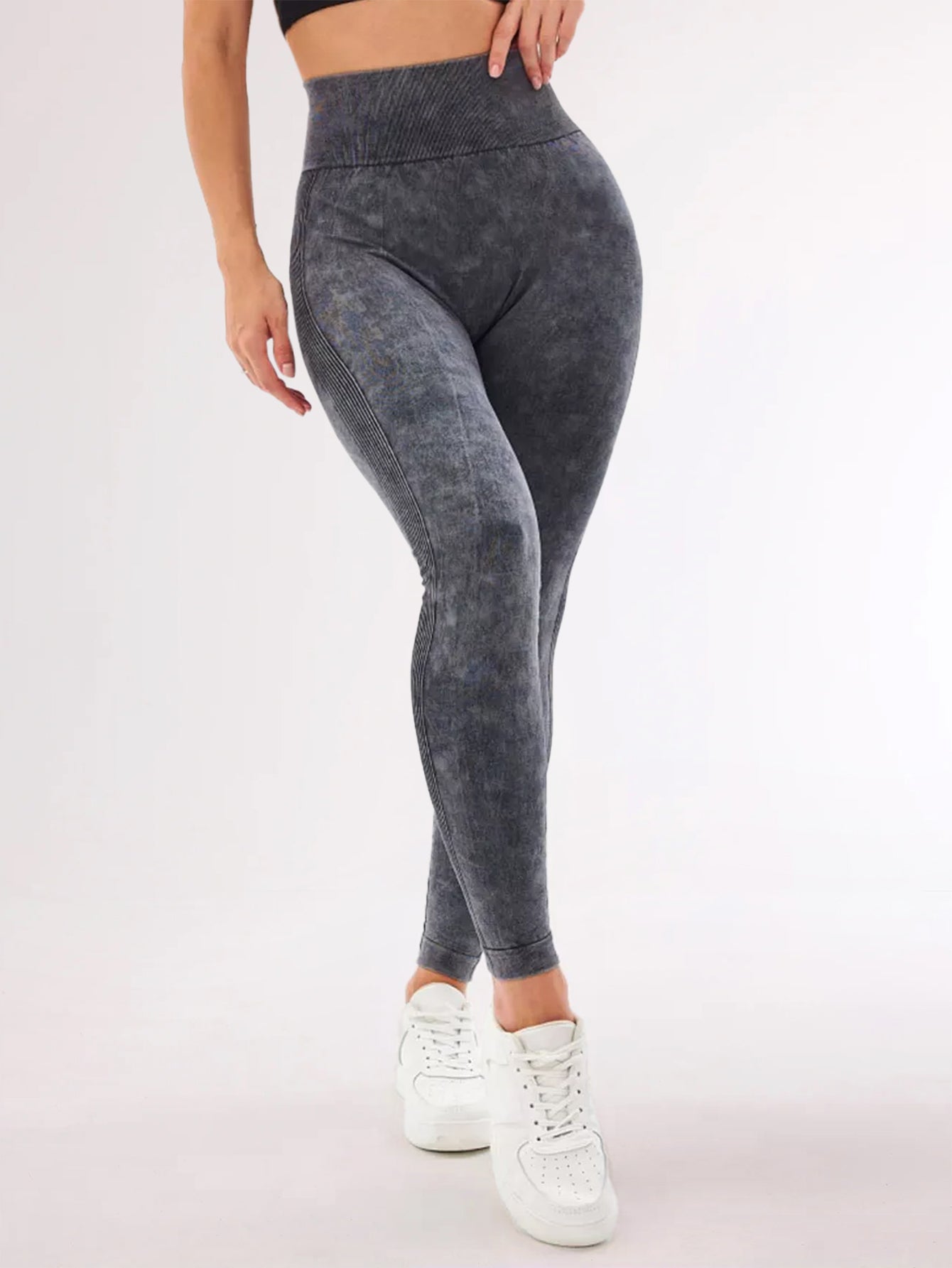 Acid Wash Tummy Control Side-Ribbed Butt-Lifting Leggings