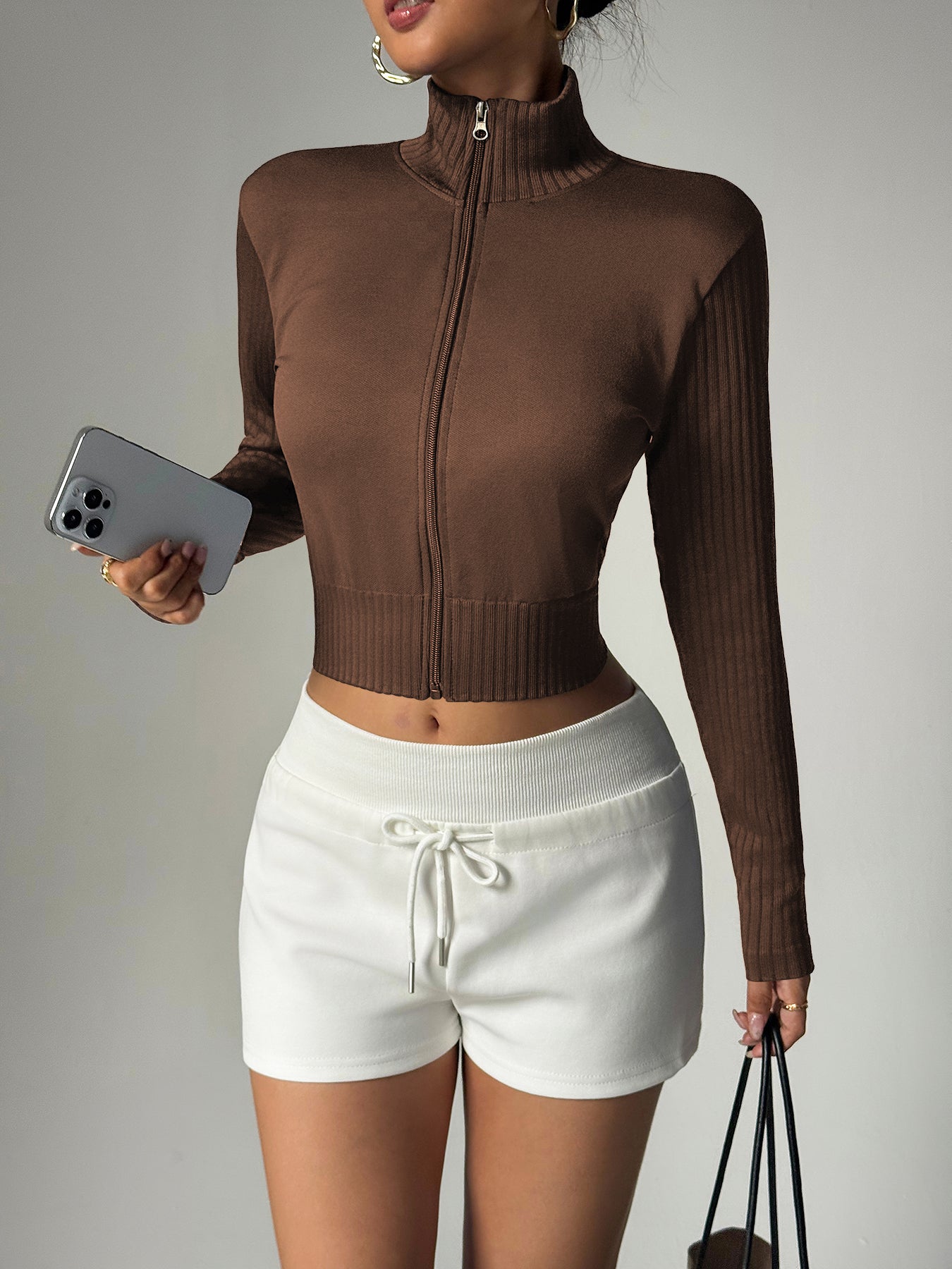 Women’s High Neck Rib-Knit Zip-Up Cropped Sports Jacket