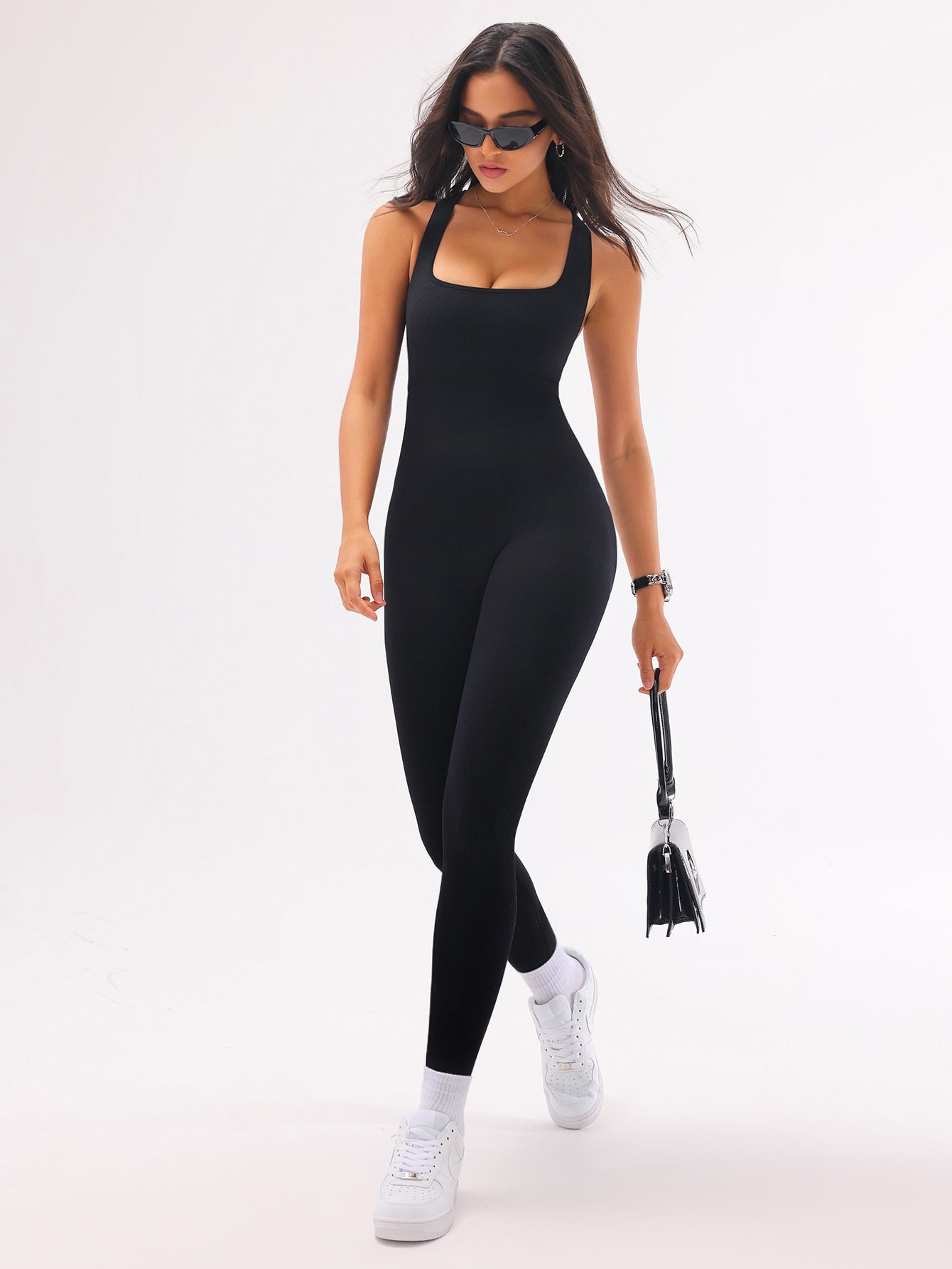 V-Back Scrunch Rib-Knit Sleeveless Seamless Jumpsuit