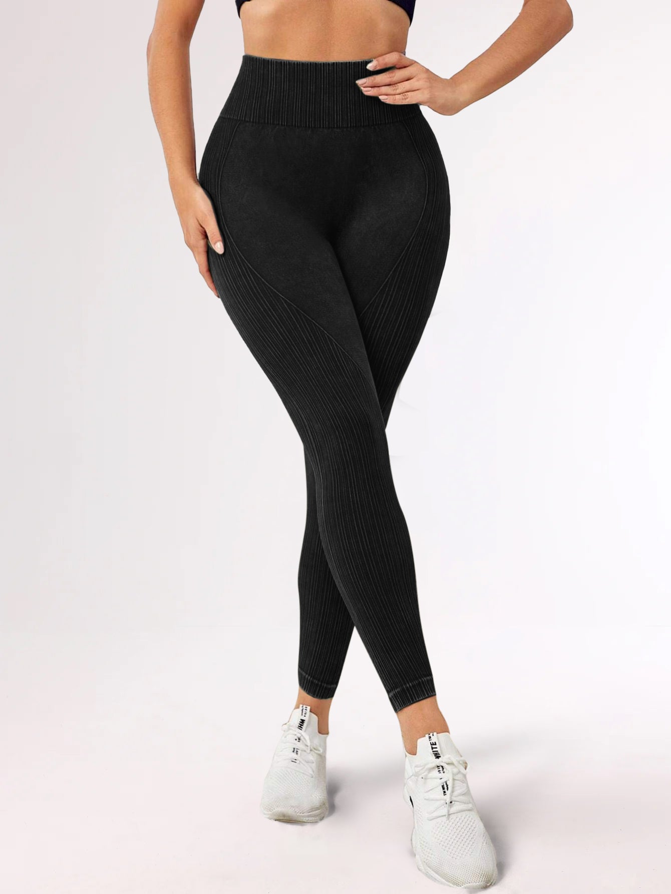 High Waist Acid Wash Butt-Lifting Rib-Knit Leggings