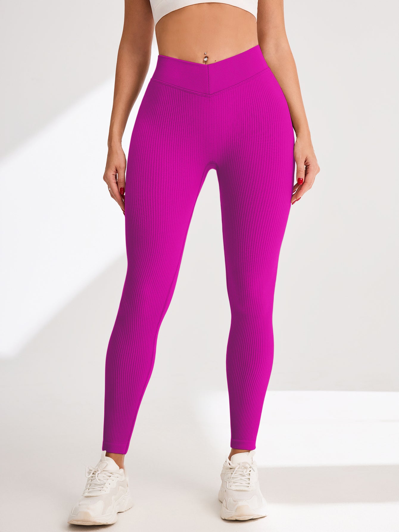 V-Cross Waist Rib-Knit Seamless Leggings