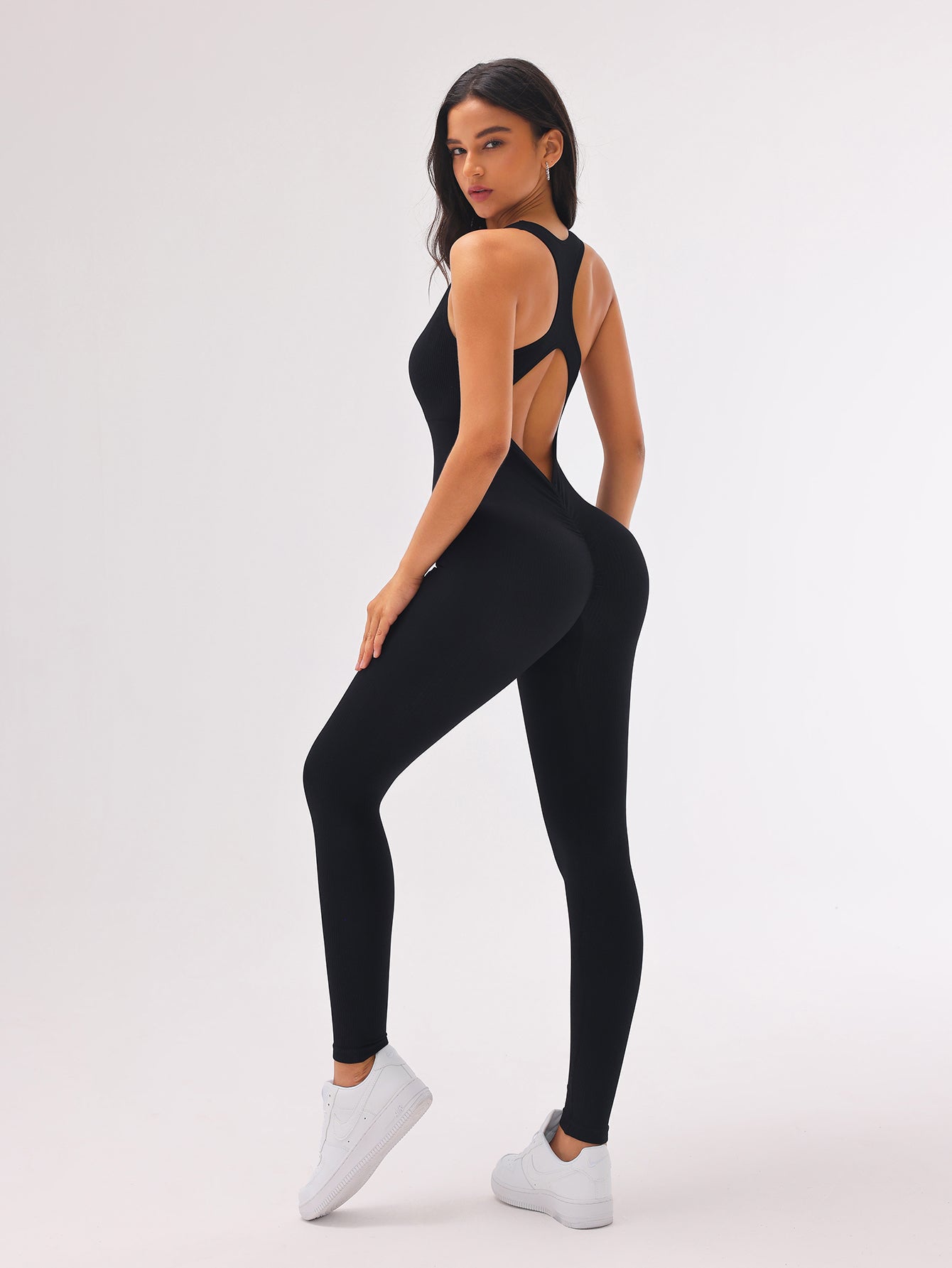 V-Back Scrunch Rib-Knit Sleeveless Seamless Jumpsuit