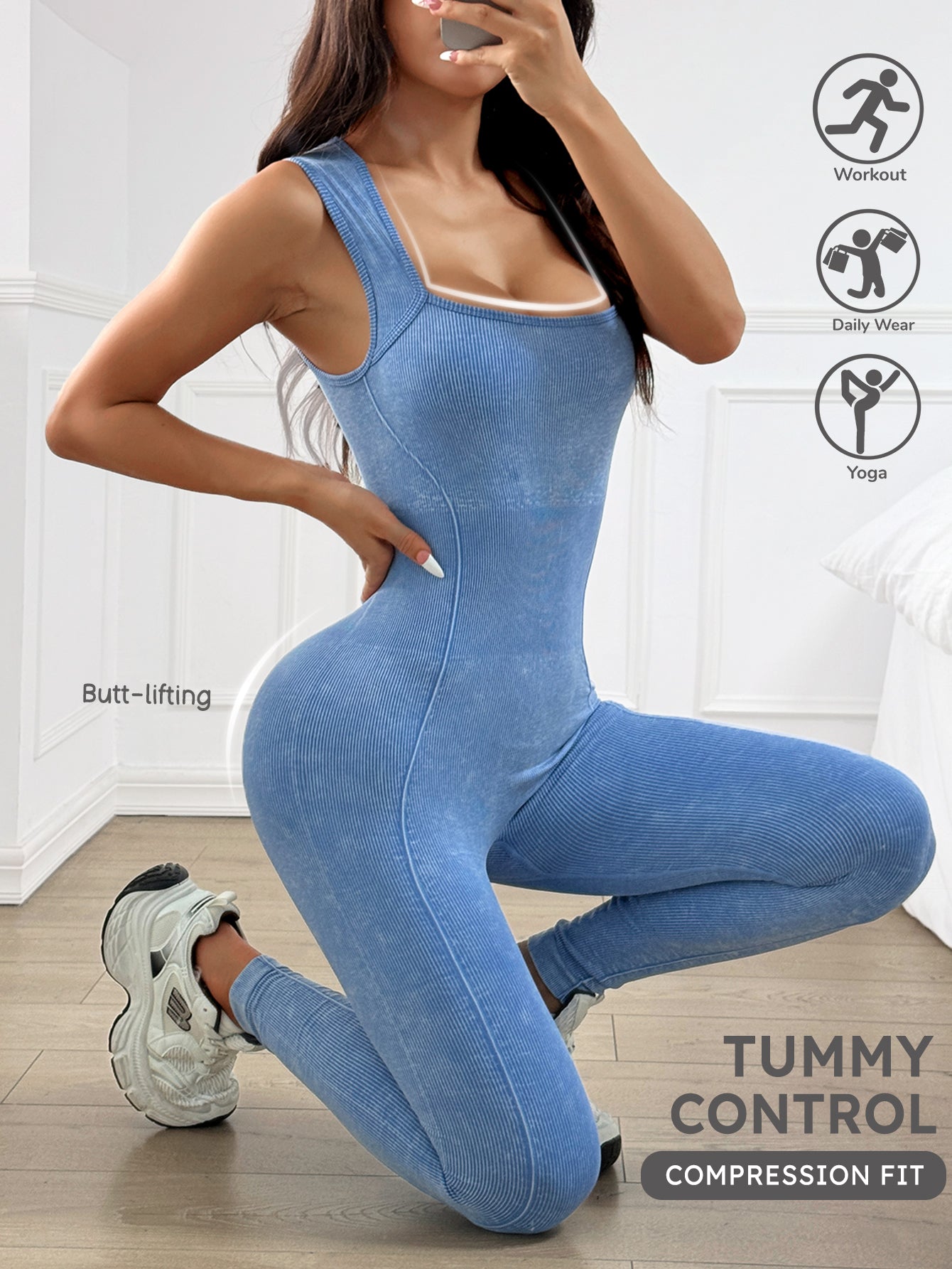 Squra Neck Rib-Knit Tummy Control Jumpsuit