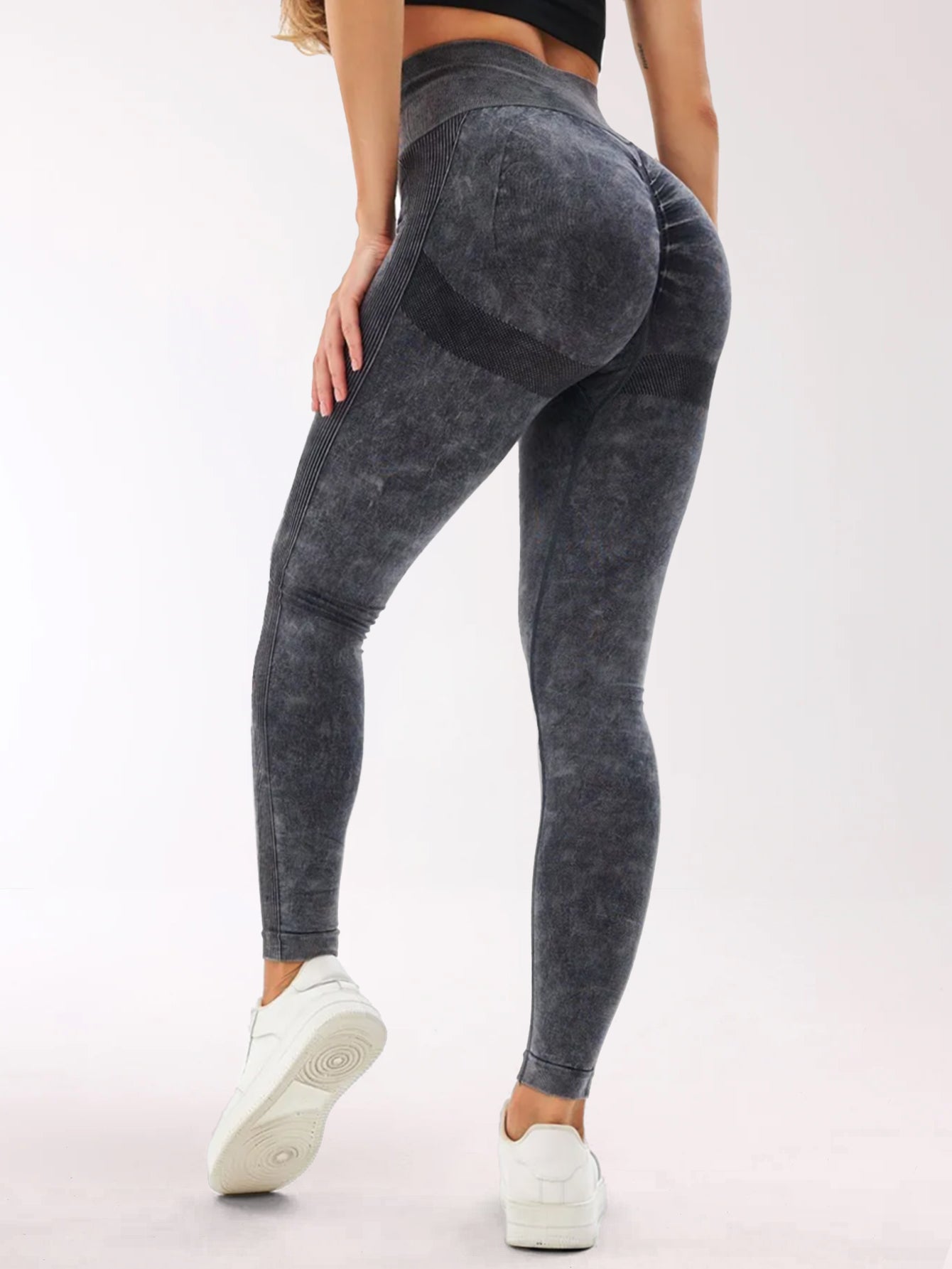 Acid Wash Tummy Control Side-Ribbed Butt-Lifting Leggings