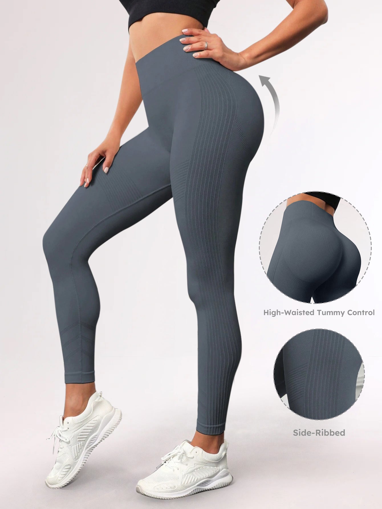 High Waist Tummy Control Side-Ribbed Butt-Lifting Leggings