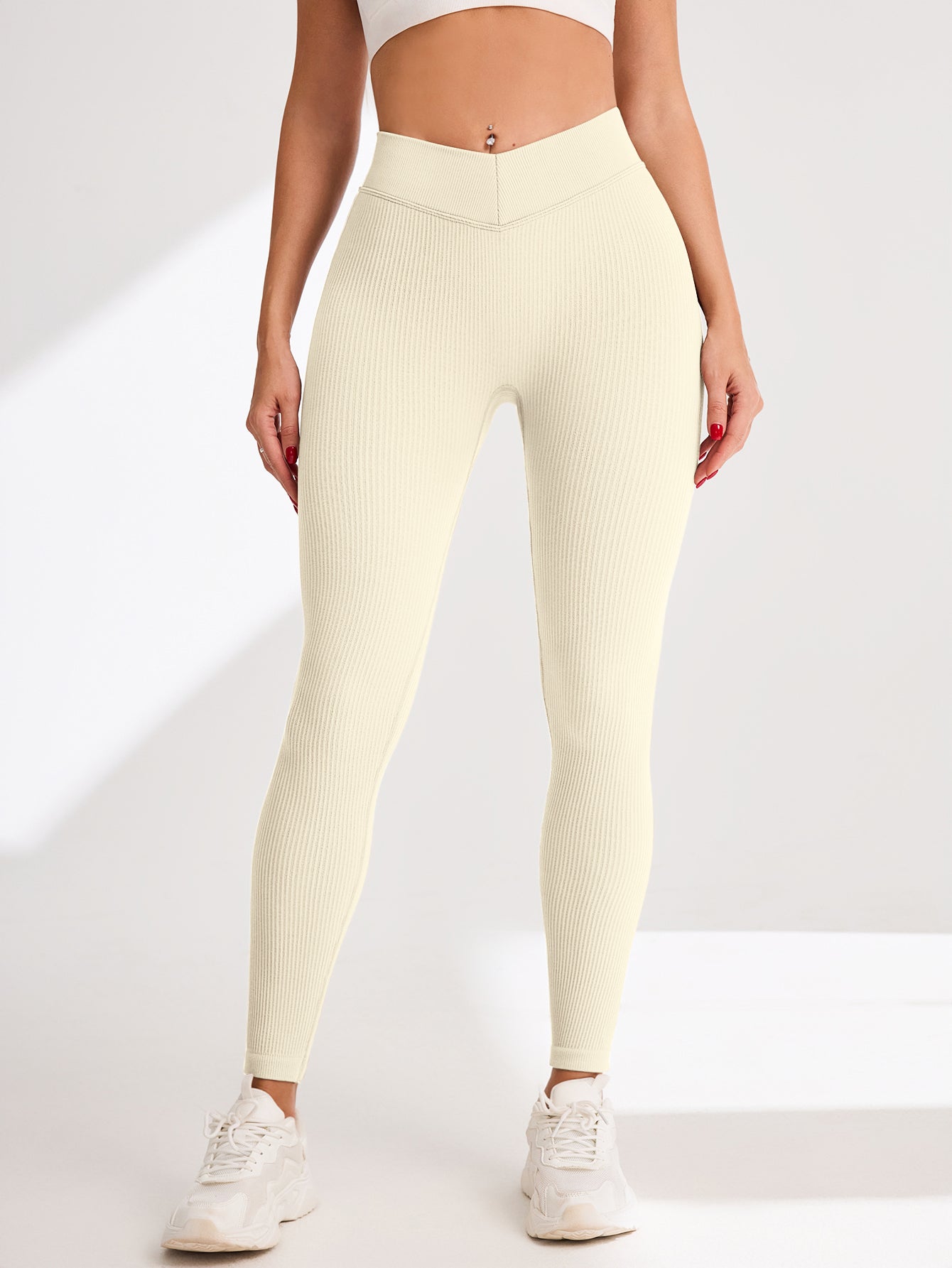 V-Cross Waist Rib-Knit Seamless Leggings