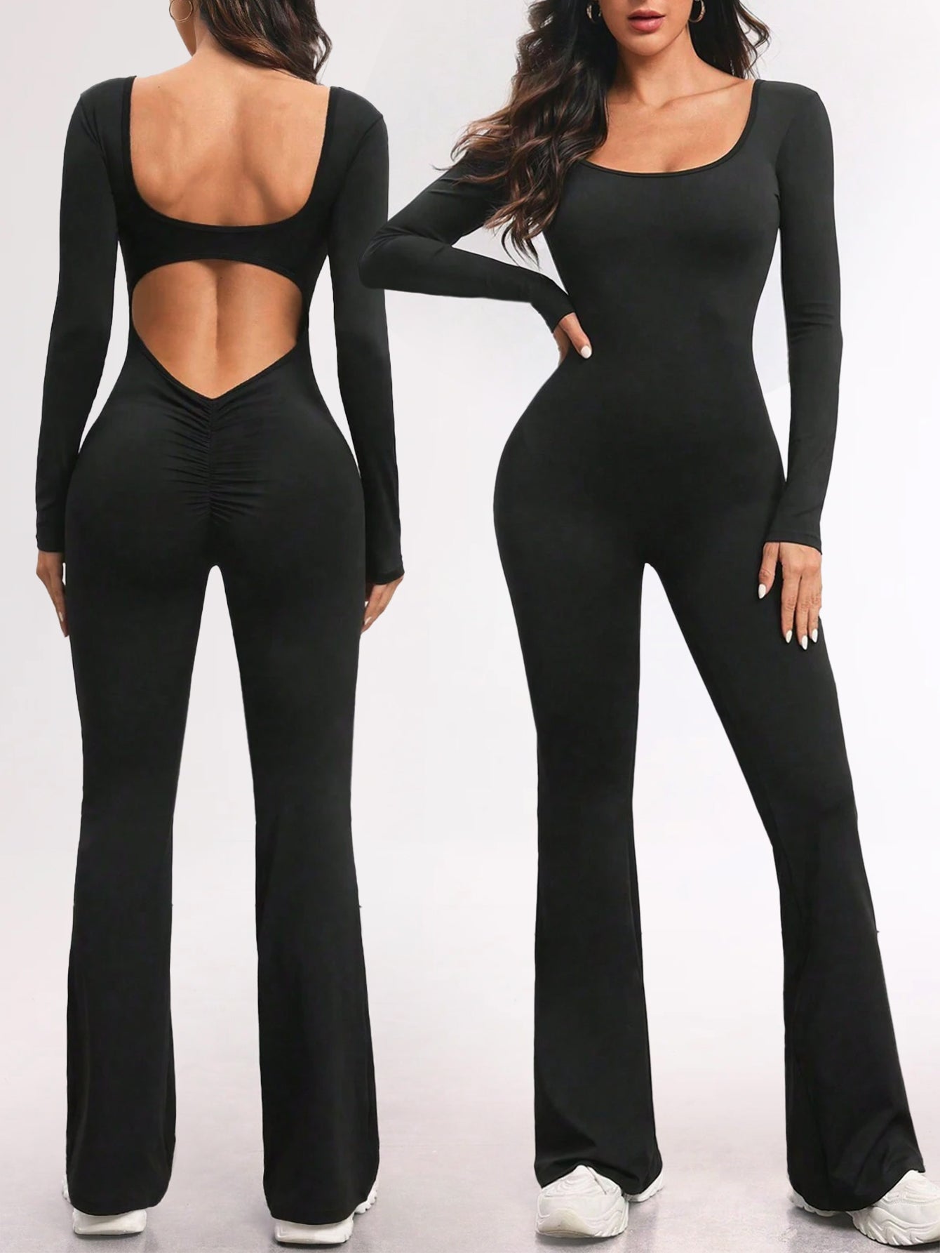 U-Neck Open-Back Scrunch Butt Flared Jumpsuit