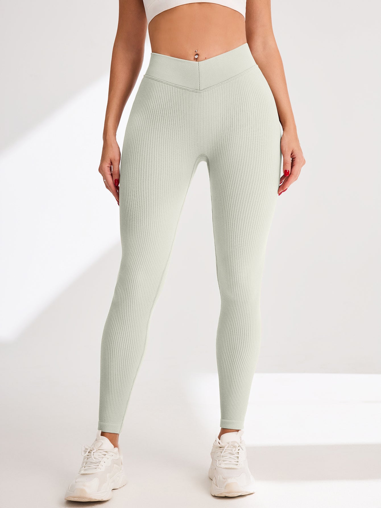 V-Cross Waist Rib-Knit Seamless Leggings