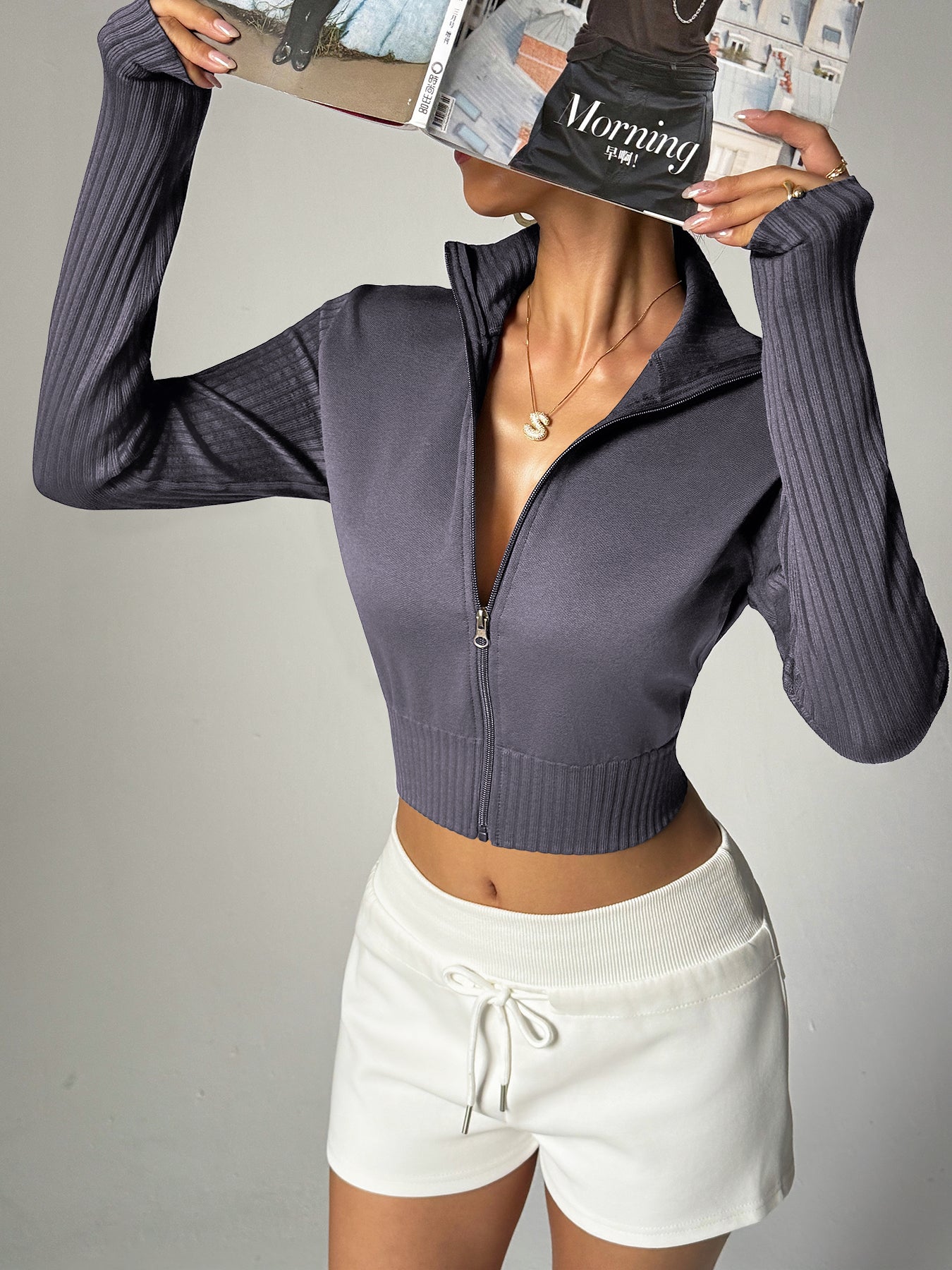 Women’s High Neck Rib-Knit Zip-Up Cropped Sports Jacket