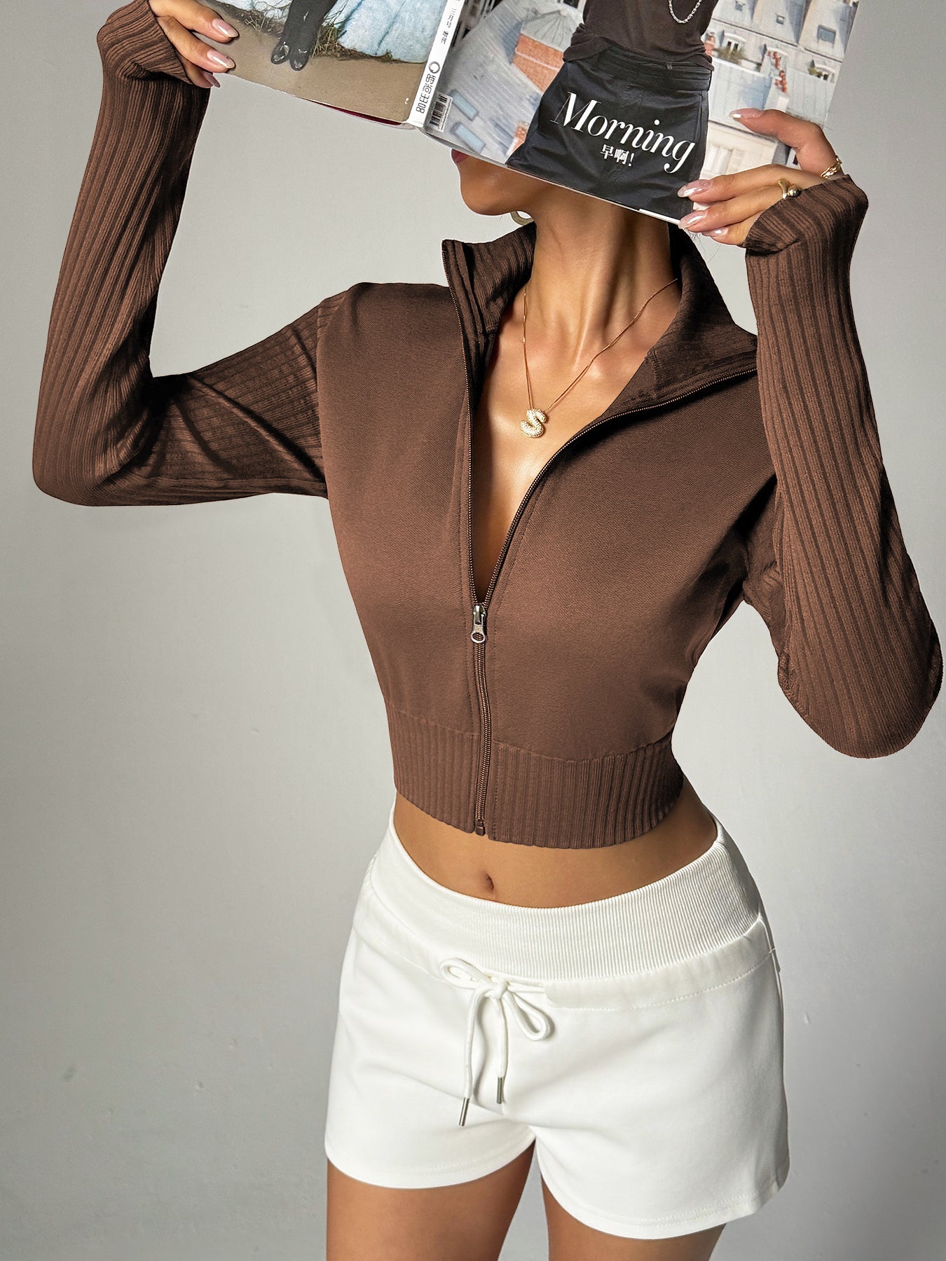 Women’s High Neck Rib-Knit Zip-Up Cropped Sports Jacket