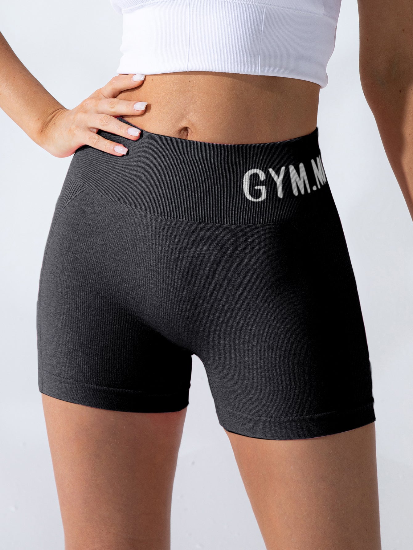 Letter Printed Side-Ribbed Butt Contour Seamless Shorts