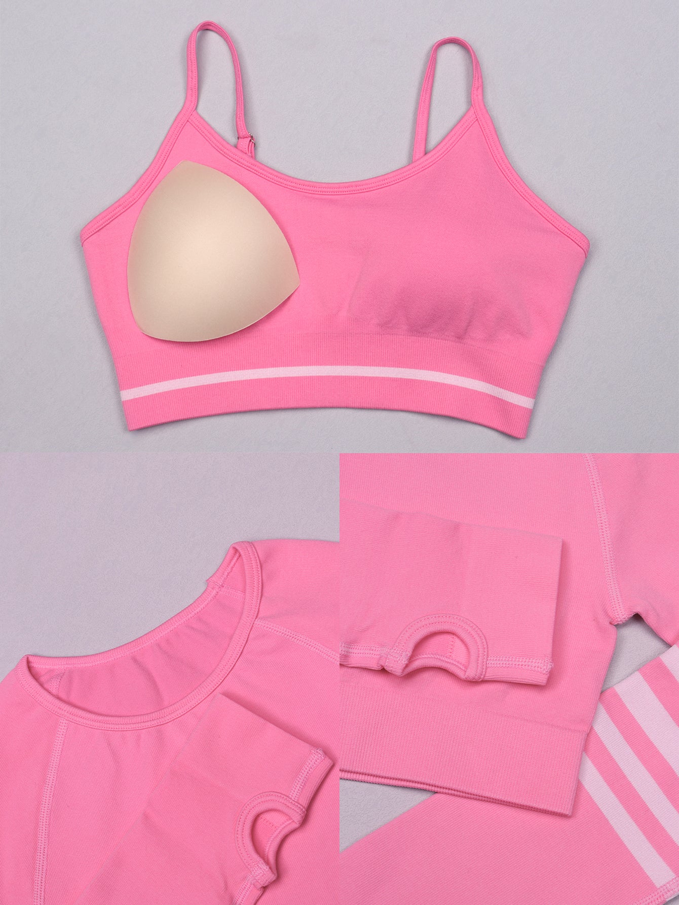 3 Piece Striped V-Back Leggings & Sports Bra & Thumb Hole Crop Top Set