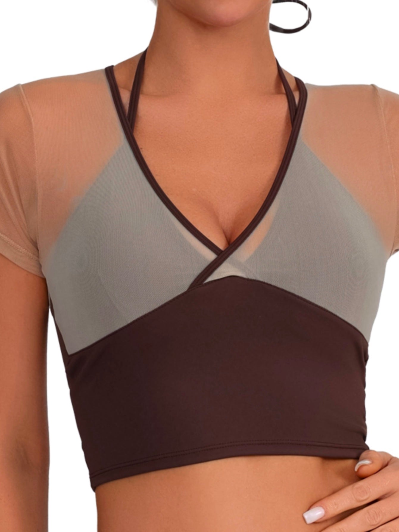 2-in-1 Halter Neck Mesh Short-Sleeve Sports Bra
