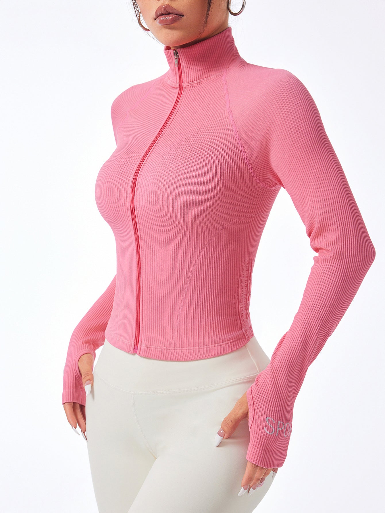 Women’s Rib-Knit Zip-Up Seamless Sports Jacket with Thumb Holes & Sports Letter Prin