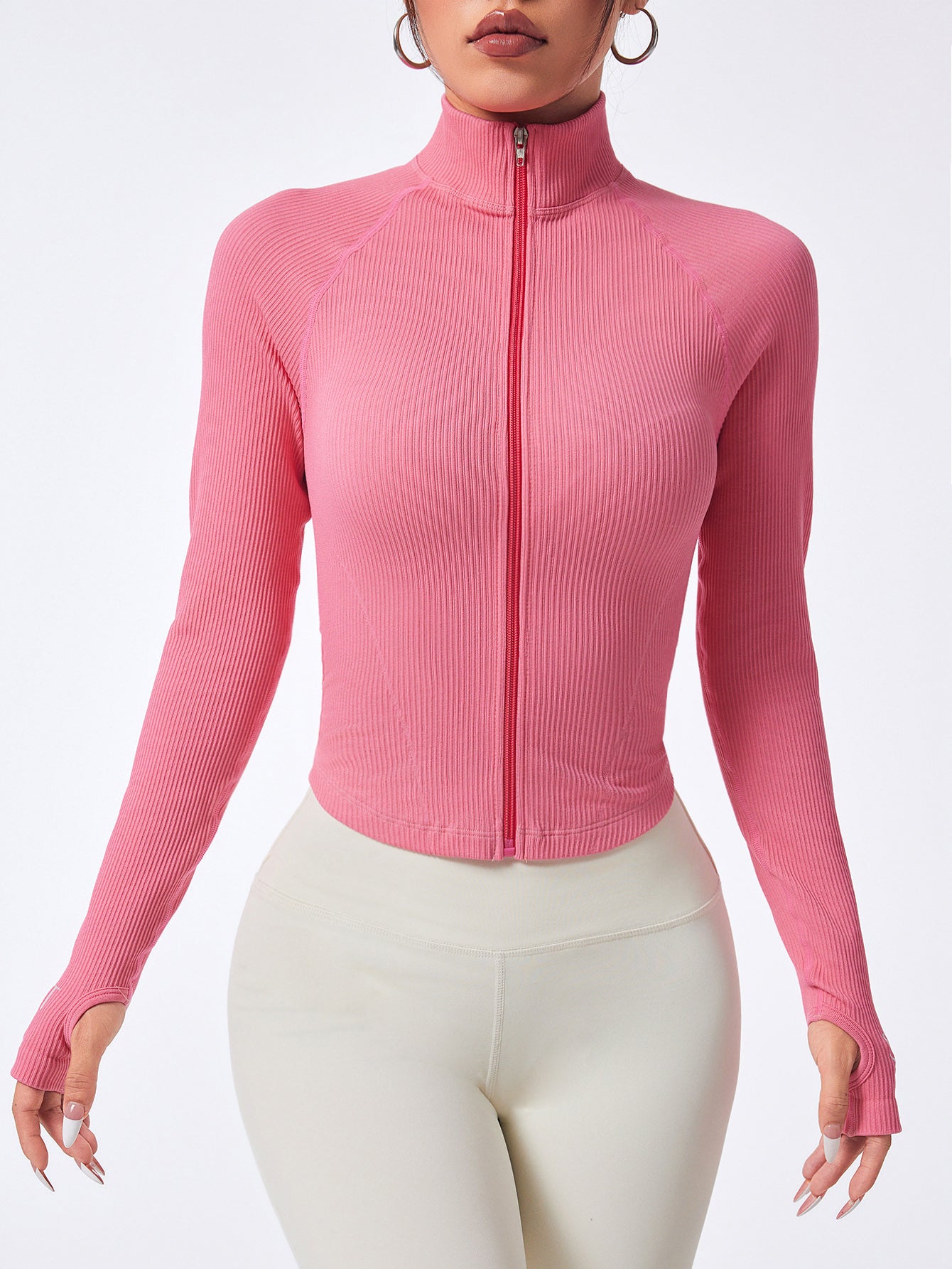 Women’s Rib-Knit Zip-Up Seamless Sports Jacket with Thumb Holes & Sports Letter Prin
