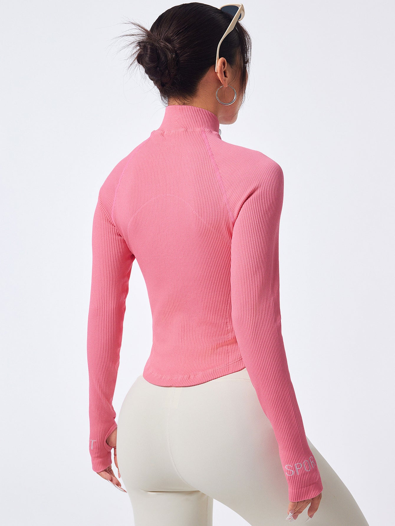 Women’s Rib-Knit Zip-Up Seamless Sports Jacket with Thumb Holes & Sports Letter Prin