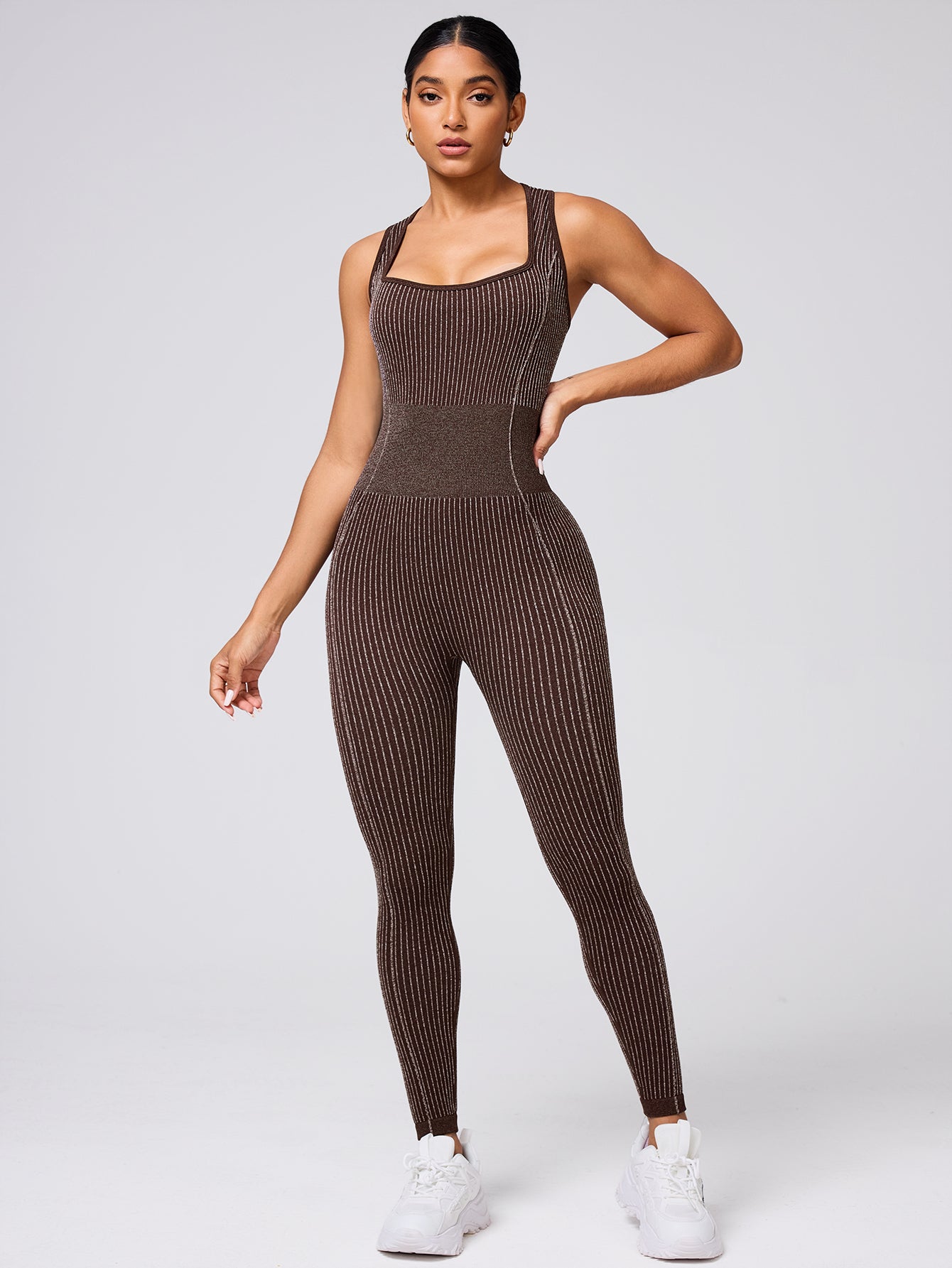 Scoop Neck Striped V-Back Tummy Control Jumpsuit