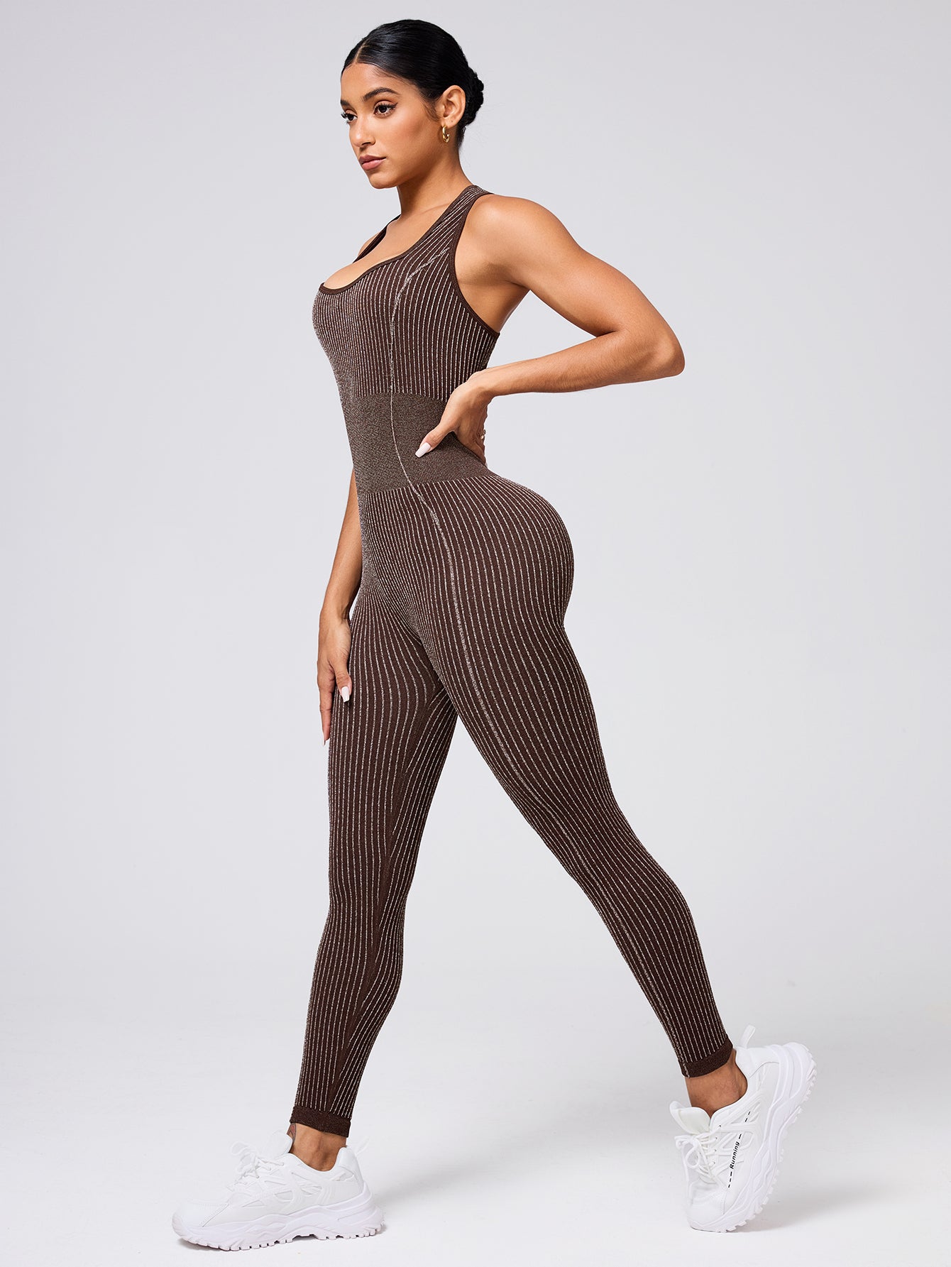 Scoop Neck Striped V-Back Tummy Control Jumpsuit