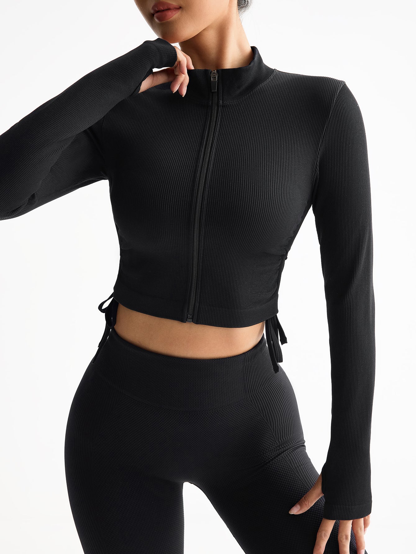 Women’s Rib-Knit Zip-Up Cropped Seamless Sport Jacket with Thumb Holes & Side Drawstring