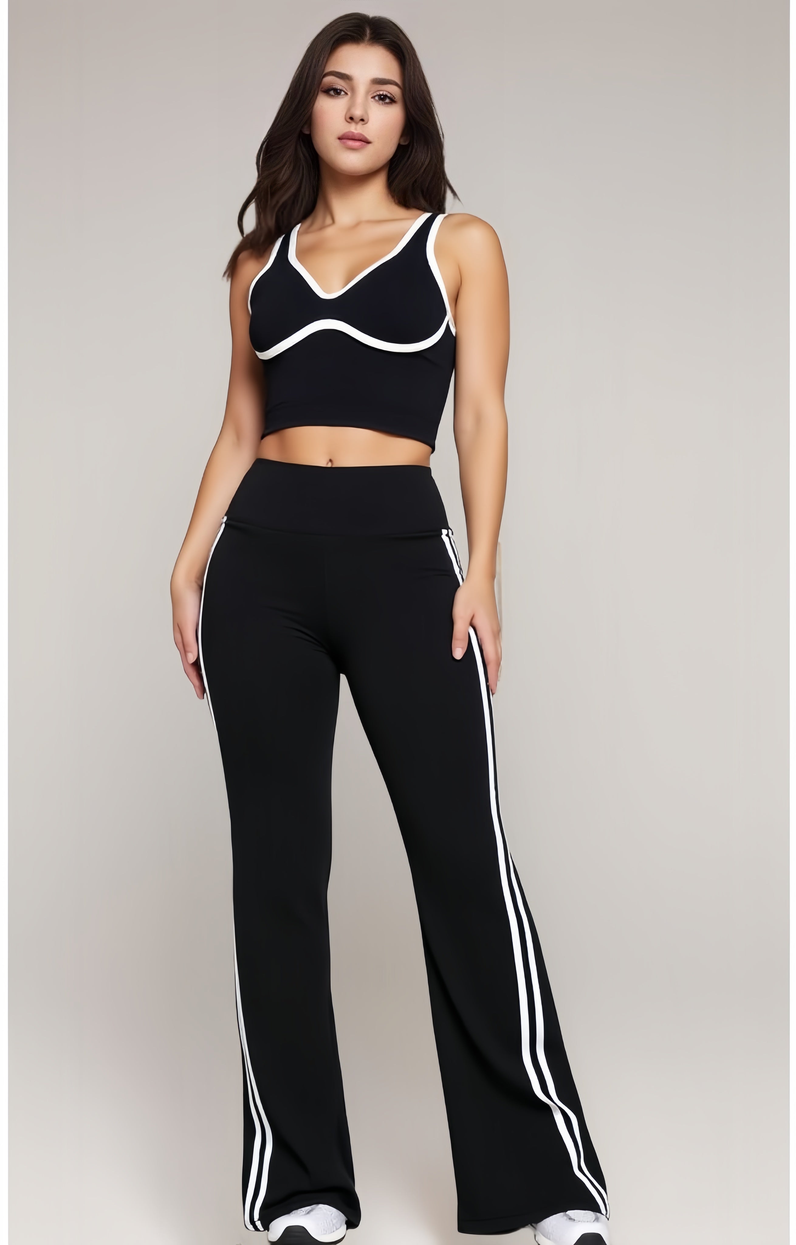 Women’s Chic Striped Contrast Sports Bra Top & High Waist Flare Yoga Pants Set