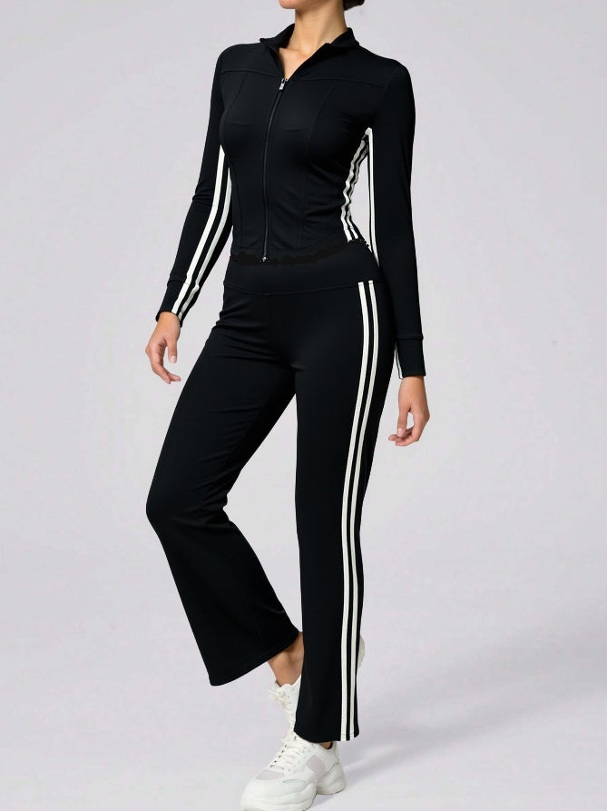 Women's Contrast White Stripe Zip-Up Sports Jacket & High Waist Flare Pants Set