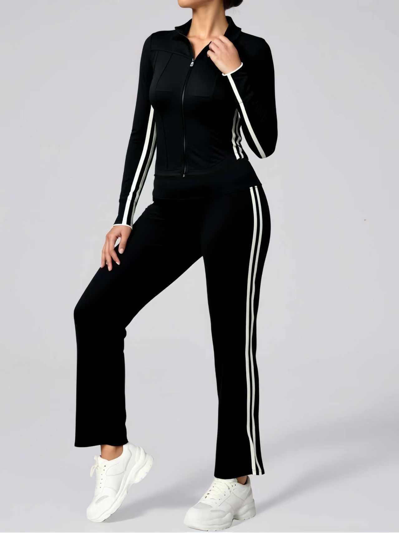 Women's Contrast White Stripe Zip-Up Sports Jacket & High Waist Flare Pants Set